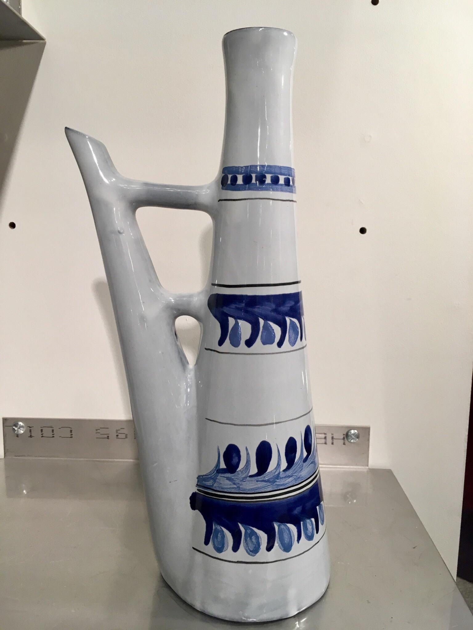 Roger Capron, Vallauris, Ceramic Lamp Base Bottle, Blue Pattern, circa 1950 In Good Condition For Sale In Paris, FR
