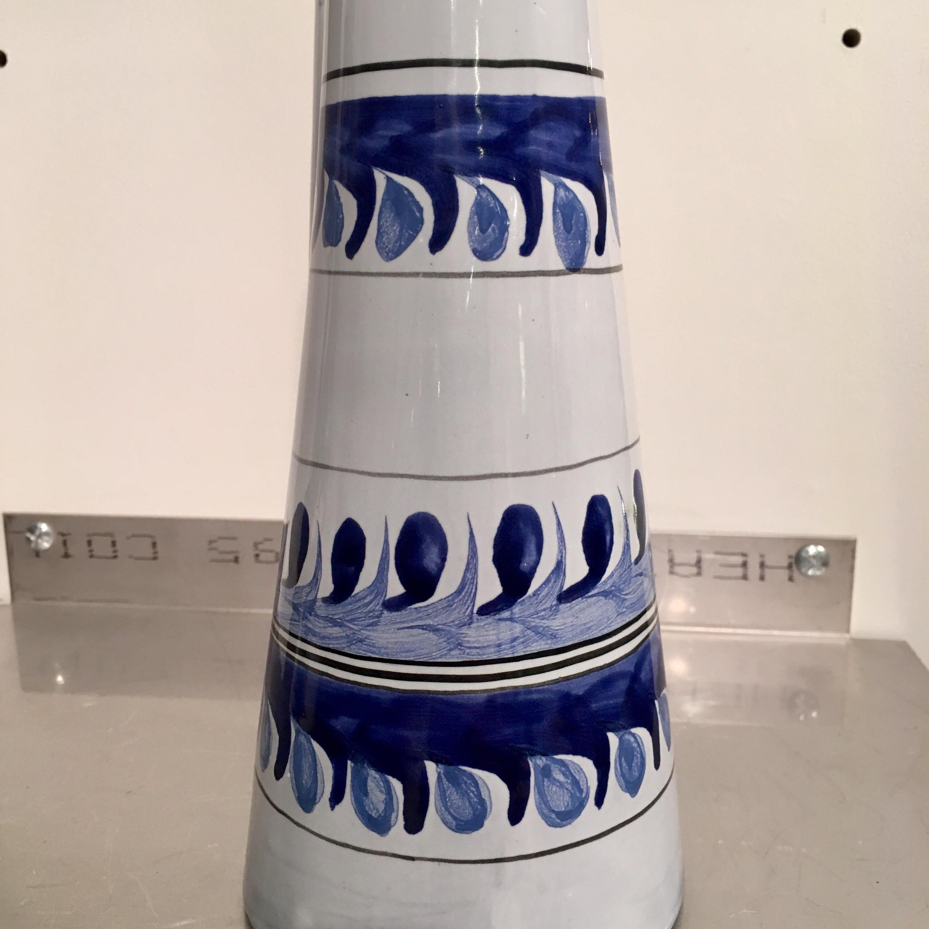 Mid-20th Century Roger Capron, Vallauris, Ceramic Lamp Base Bottle, Blue Pattern, circa 1950 For Sale