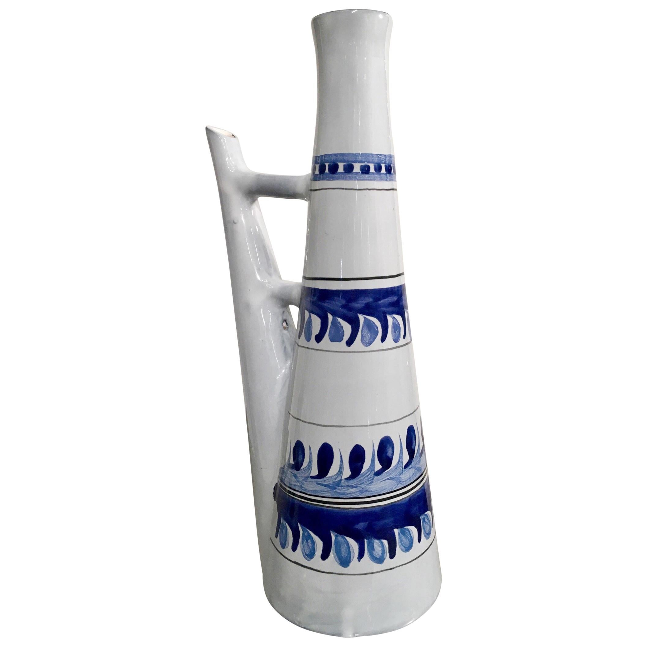 Roger Capron, Vallauris, Ceramic Lamp Base Bottle, Blue Pattern, circa 1950 For Sale