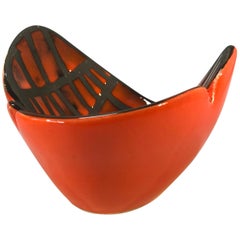 Roger Capron, Vallauris, Flame Red & Black Ceramic Tribal 1950 Vide Poche Bowl