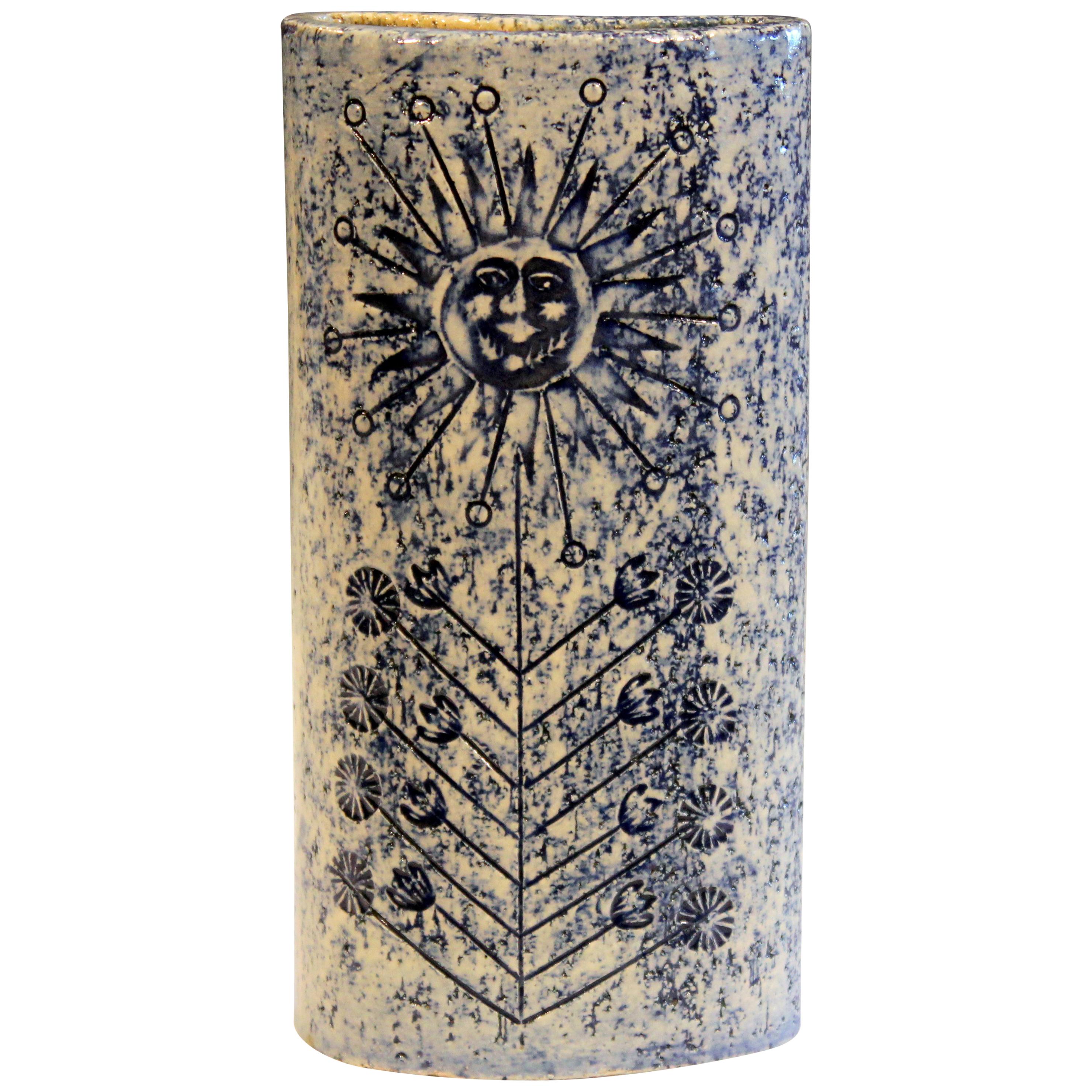 Roger Capron Vallauris Pottery Vintage 1950s French Studio Art Sun Face Vase For Sale