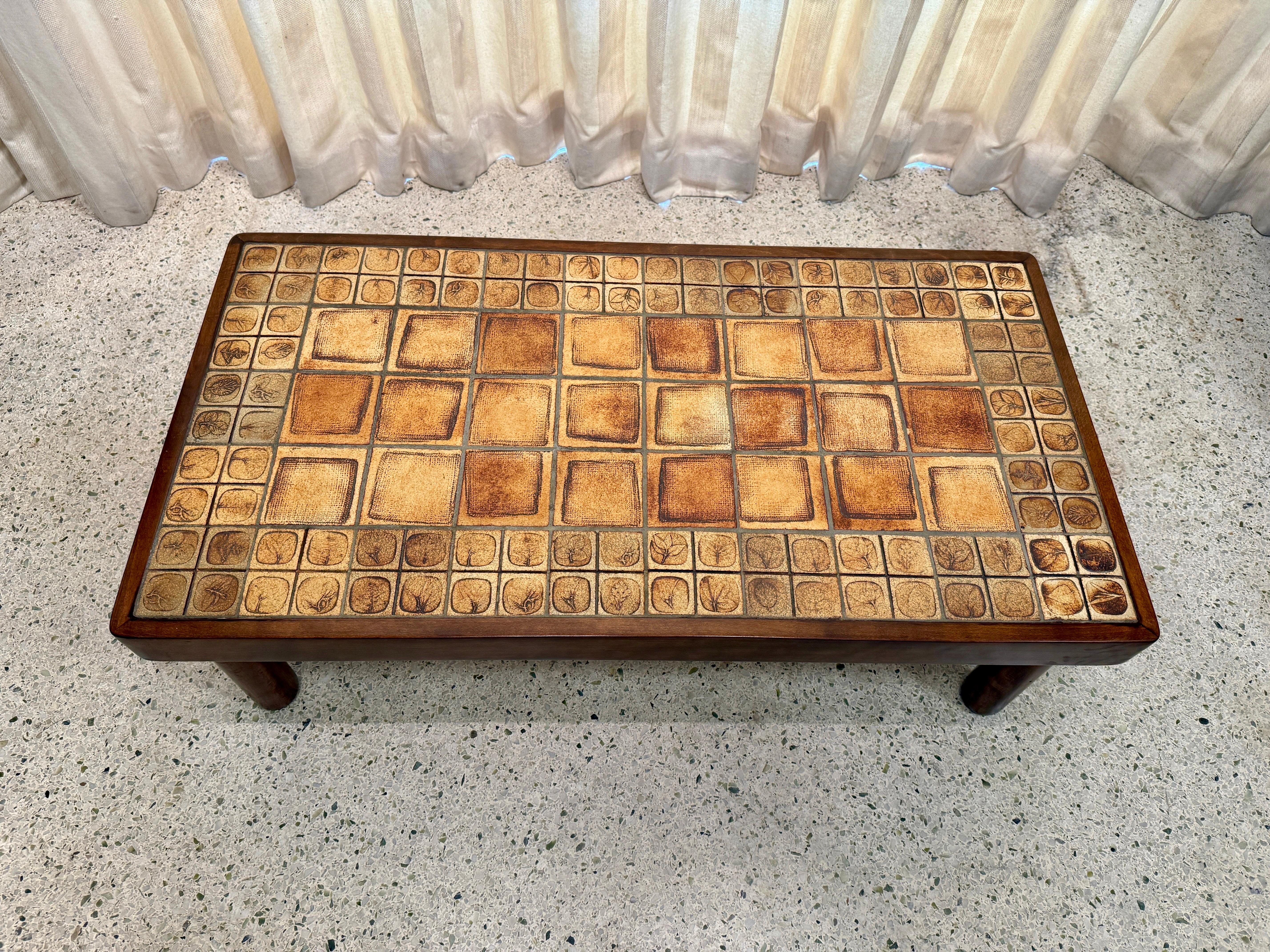 Mid-Century Modern Roger Capron Vintage French Ceramic Tile w/ Leaf Motif Coffee Table