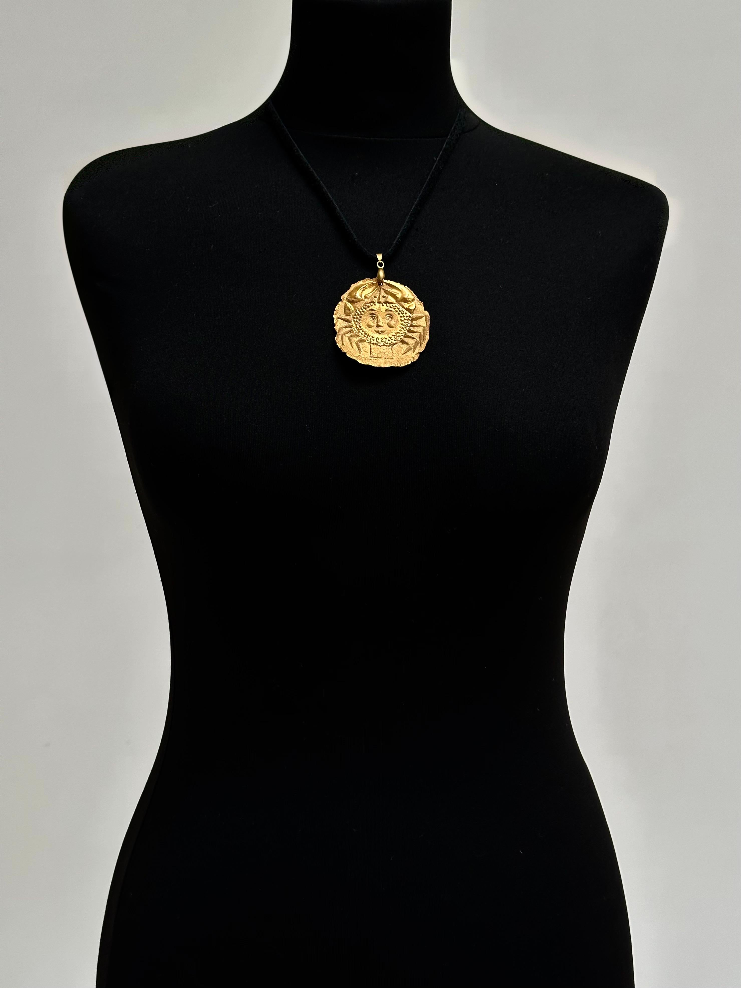 Thin sheet of partially glazed stamped porcelain with the motif of a chimeric figure embodying the sign of Cancer.

Rare item from a limited series created by the artist in 1973 around the zodiac signs.

Although unsigned, this delicate artist's