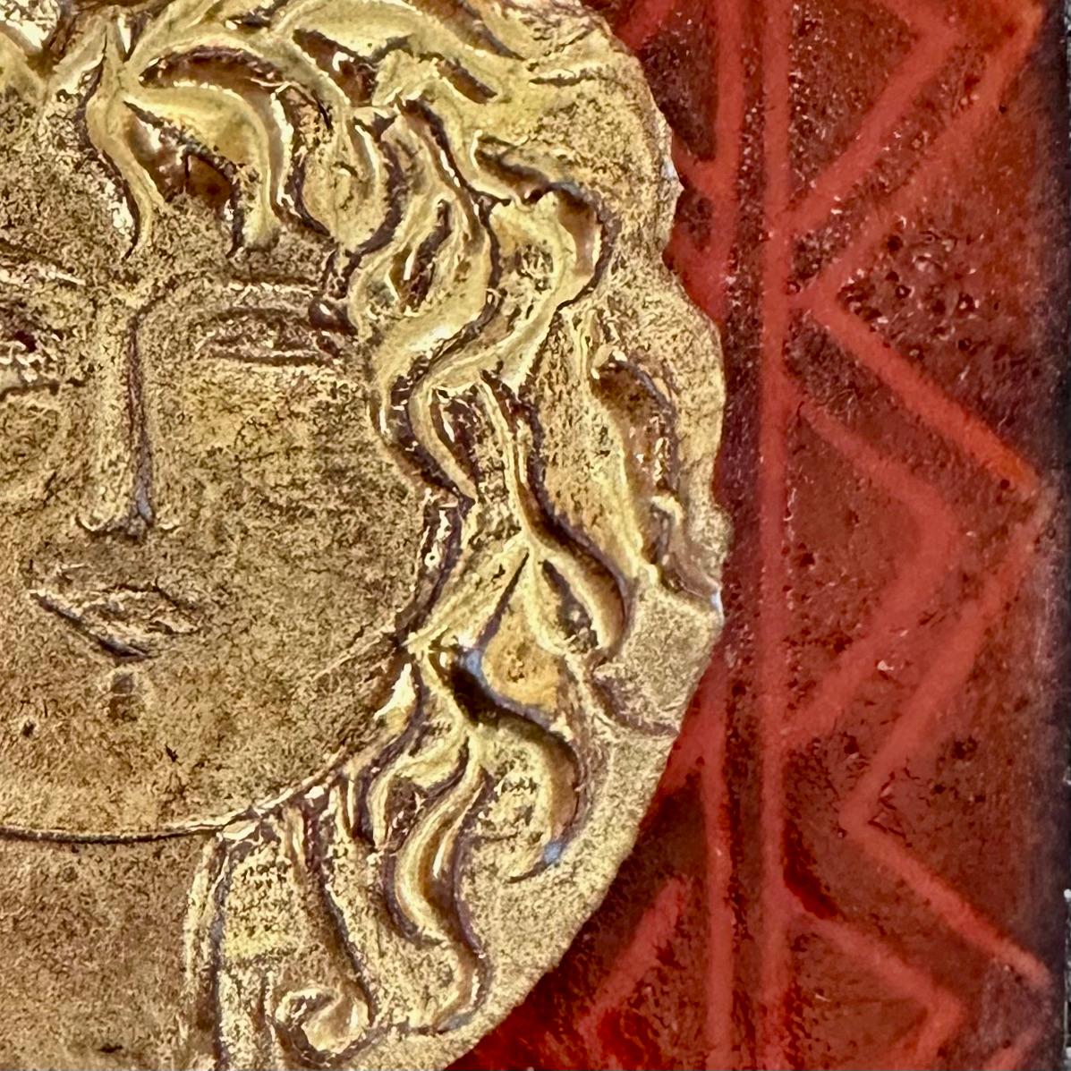 Thin sheet of partially glazed stamped porcelain with the motif of a female figure embodying the sign of Lion.

Rare item from a limited series created by the artist in 1973 around the zodiac signs.

Although unsigned, this delicate artist's jewel