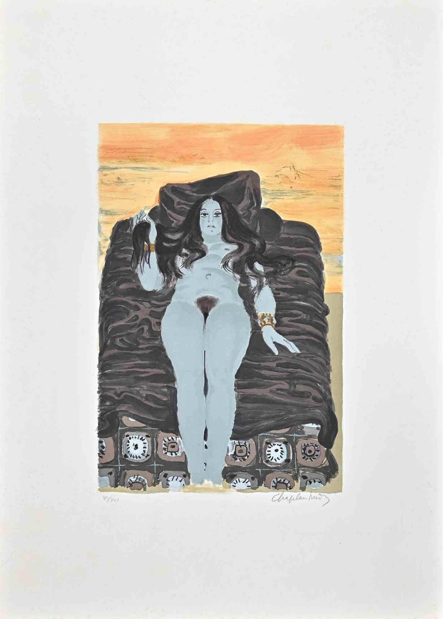 The Rest  is an original colored lithograph realized by the artist Roger Chapelain-Midy in the 1970s.

Hand-signed by the artist on the lower right. Numbered on the lower left. Edition VI/XVI.

The artwork represents a nude woman lying down while
