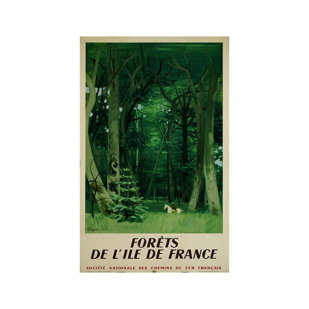 The 1949 travel poster “Forêts de l'Île-de-France” by Roger Chapelain-Midy for SNCF (Société Nationale des Chemins de fer Français) beautifully captures the allure of the lush forests surrounding Paris. This work of art is a testament to