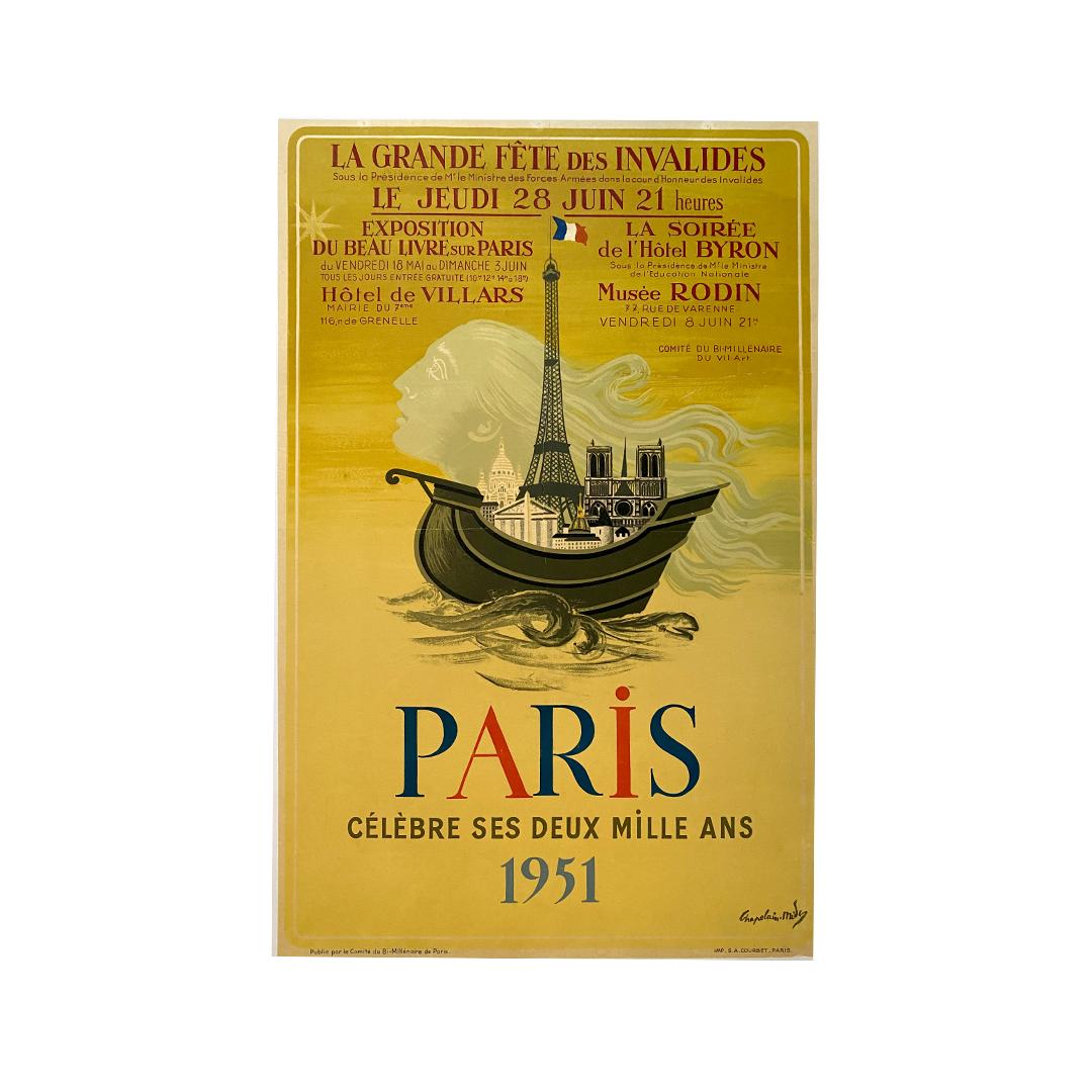 Plakat von Chapelain Midy zur Förderung des großen Invalidenfestes für die Stadt Paris, die 1951 ihr zweitausendjähriges Bestehen feierte.

Paris - Geschichte - Monument

Das große Fest der Invaliden

Gedruckt bei SA COURBET in PARIS