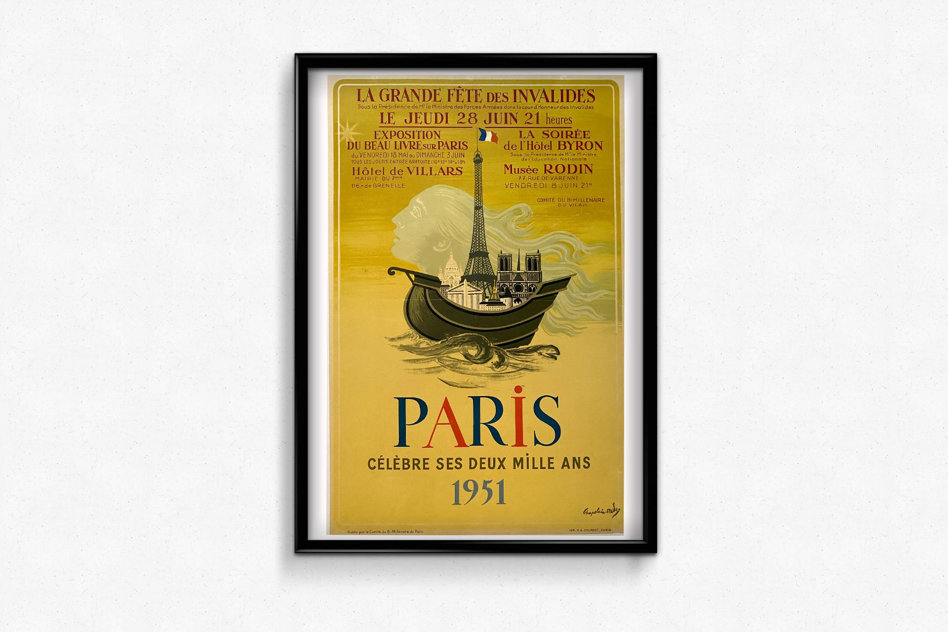 1951 Original poster by Chapelain Midy - Paris celebrates its 2000 birthday For Sale 1