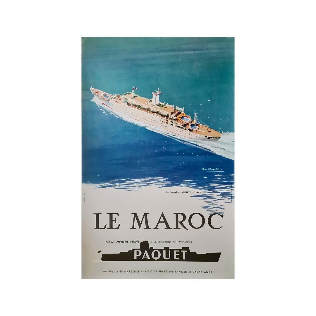 1962 poster Morocco via the swift vessels of the Paquet Navigation Company For Sale 2