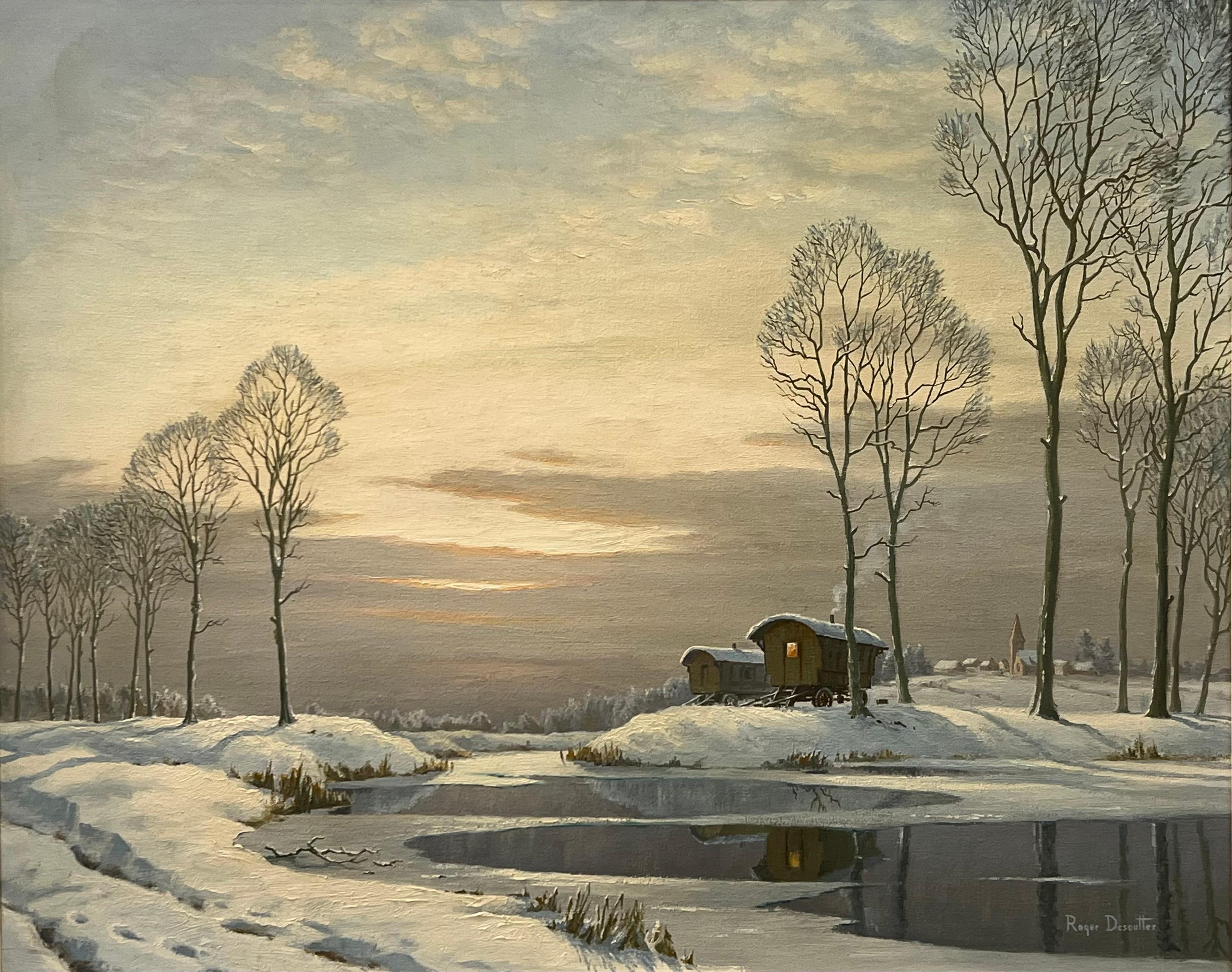 Peinture du 20e siècle d'un paysage fluvial représentant une scène de neige d'hiver avec des caravanes gitannes