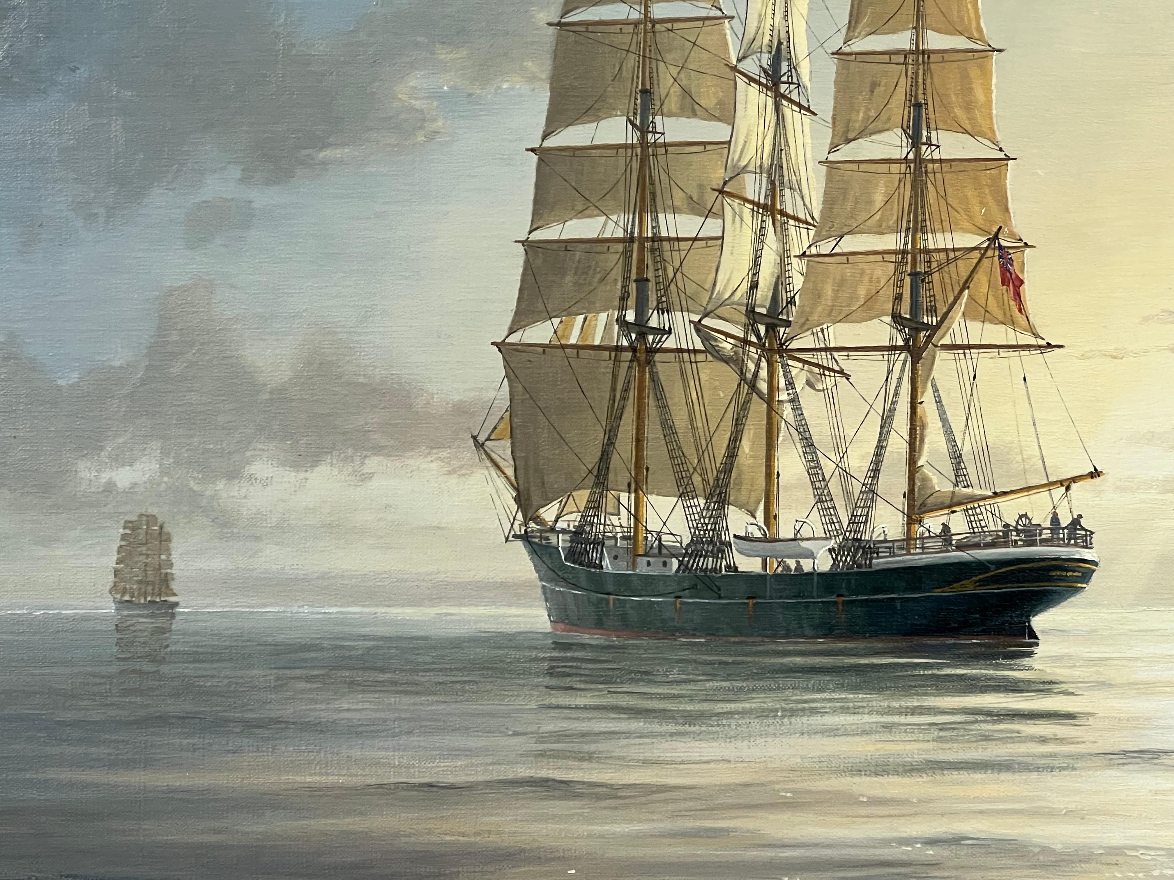 Paisaje marino de la costa sur de Inglaterra con grandes veleros clásicos, pintado por el artista británico del siglo XX Roger Charles Desoutter. Un óleo original único. Firmado en la parte inferior derecha. Óleo sobre lienzo. 

Medidas: 30 x 20