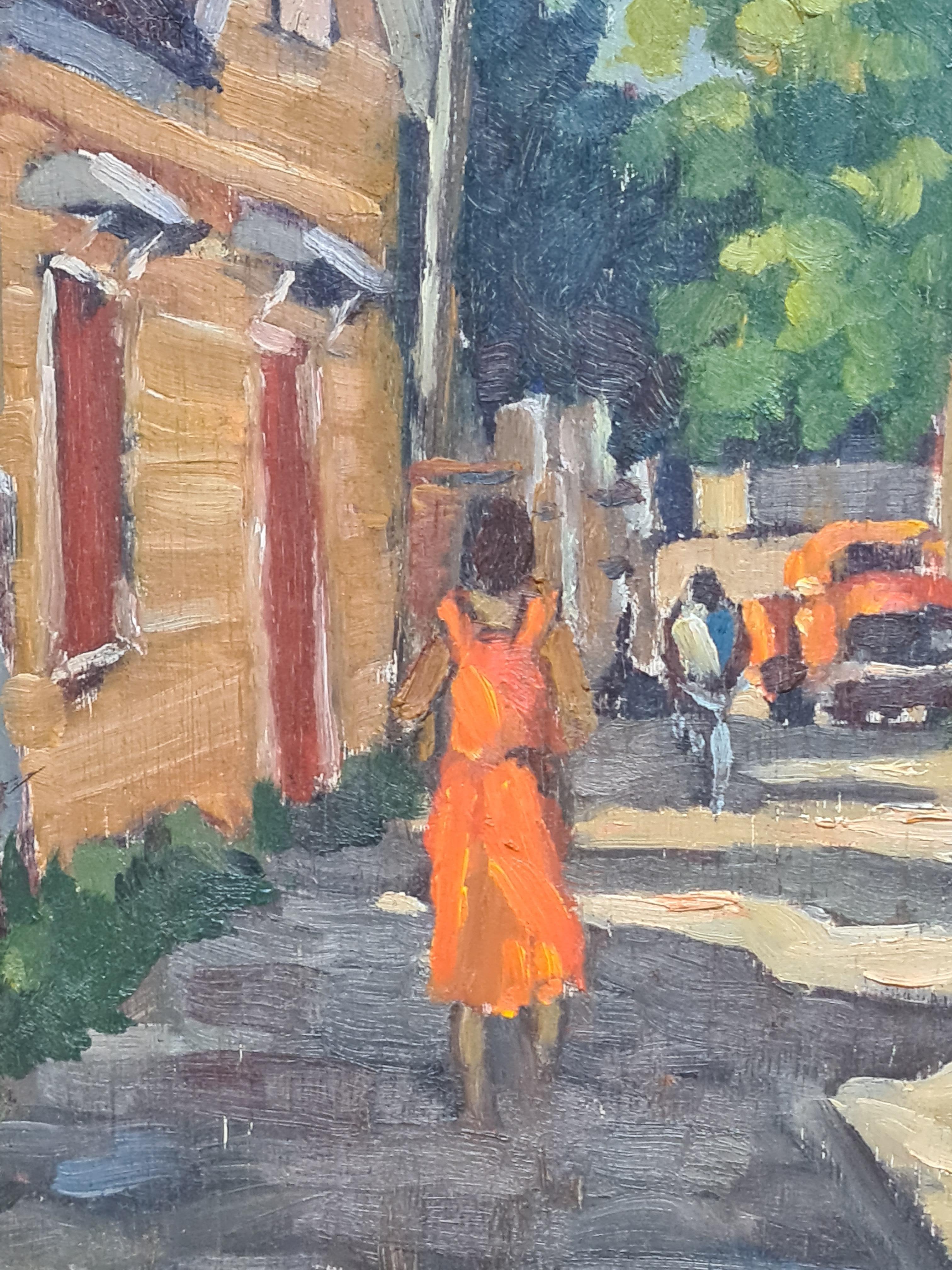 Modern street view of the island of Mauritius, oil on board, by Roger Charoux. The painting is signed and dated bottom right and signed and located to the back panel. presented in a fine wood and cloth custom frame.

This vibrant painting captures