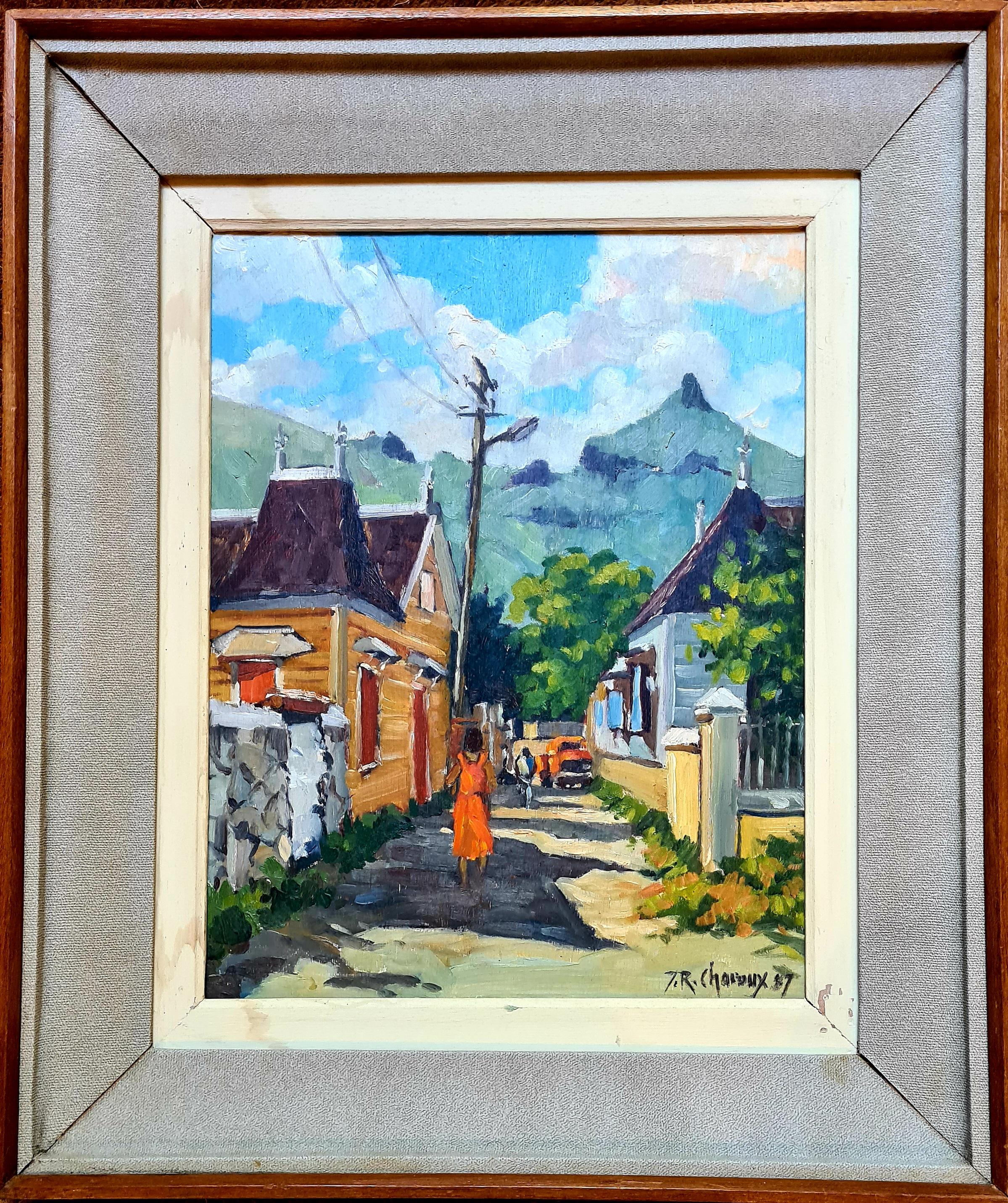 Roger Charoux Figurative Painting - Modern Mauritian Street Scene, Veille Rue de Port Saint Louis