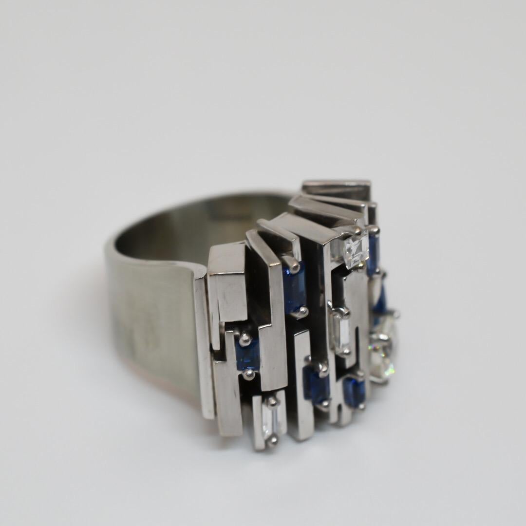 Round Cut Roger Claude Canadian Deco Designer Diamond and Sapphire Ring