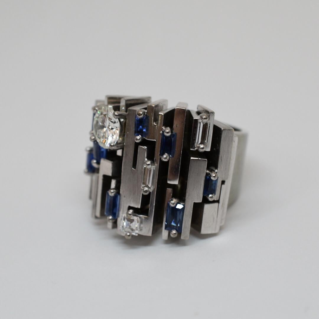 Roger Claude Canadian Deco Designer Diamond and Sapphire Ring In Good Condition In Carmel-by-the-Sea, CA