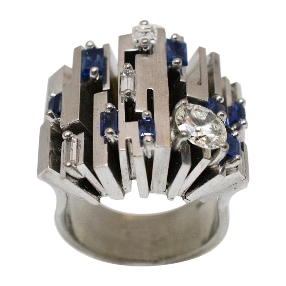 Roger Claude Canadian Deco Designer Diamond and Sapphire Ring