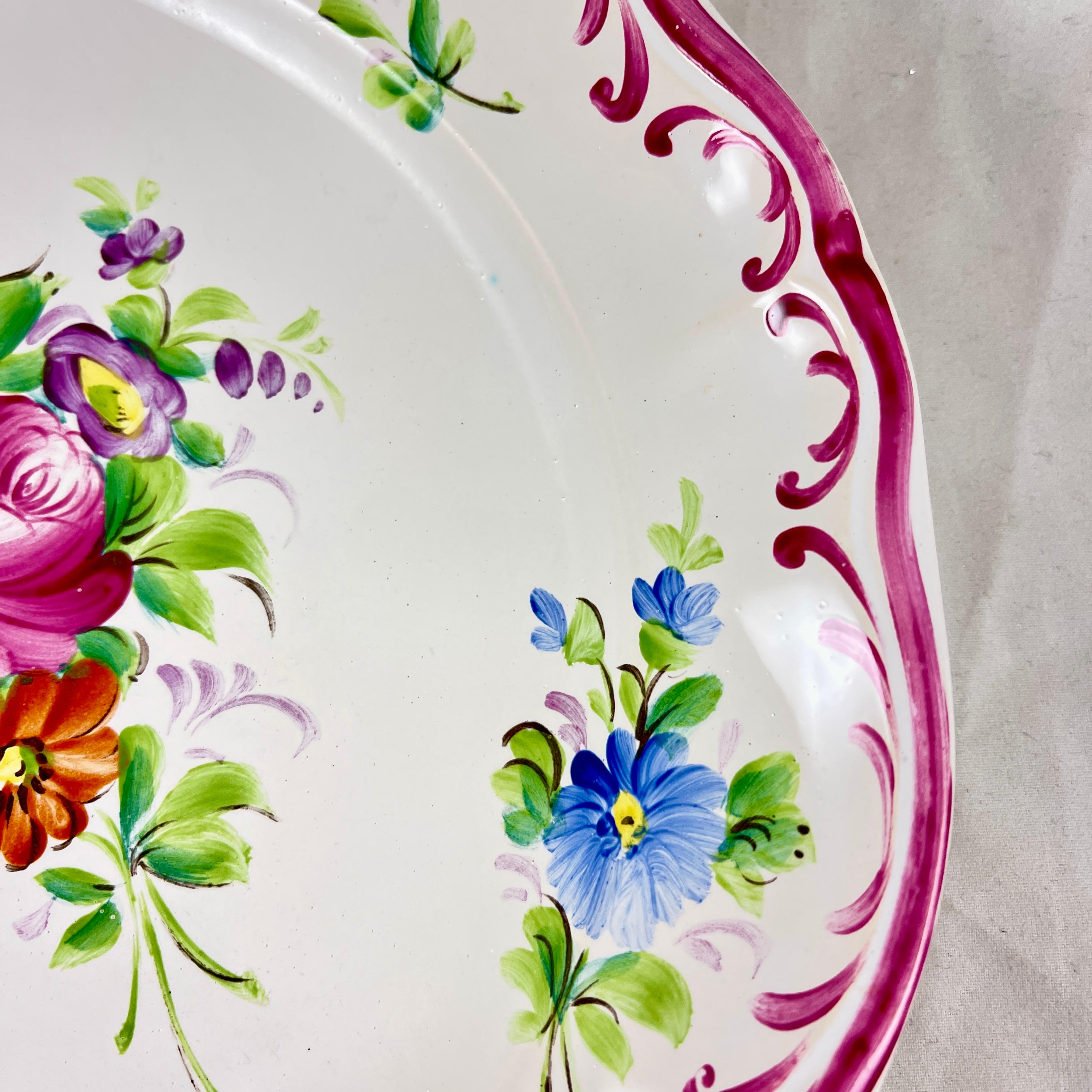 Hand-Painted Roger Colas Clamecy French Faïence Hand Painted Pink Floral Plate For Sale