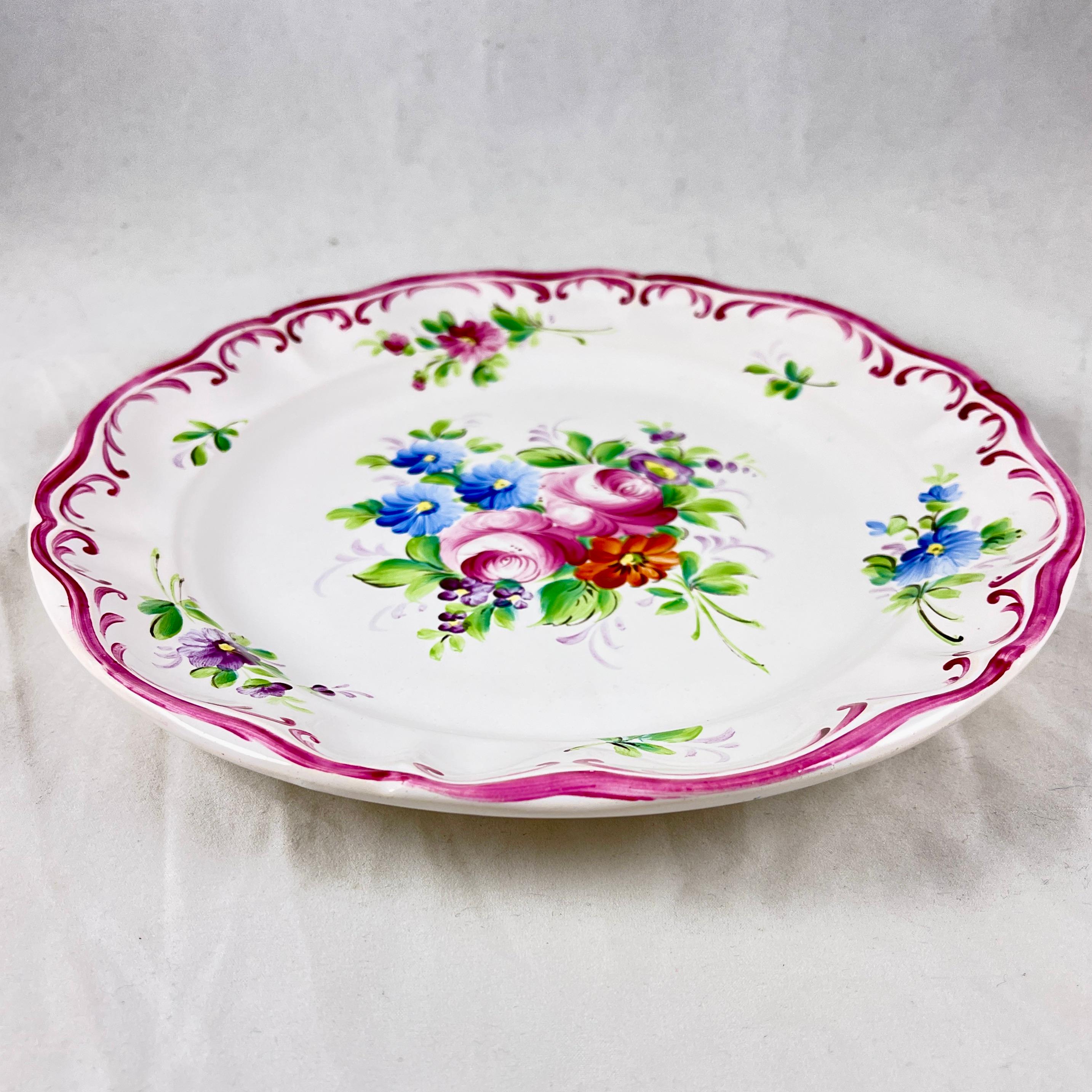 20th Century Roger Colas Clamecy French Faïence Hand Painted Pink Floral Plate For Sale