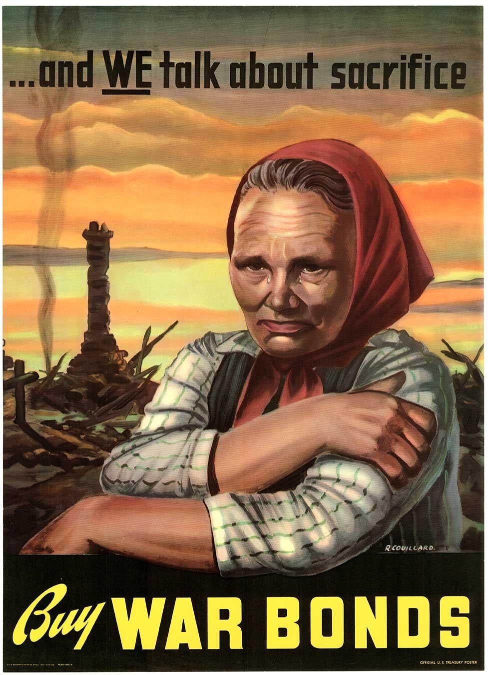 Original ... y NOSOTROS hablamos de sacrificio, Comprar Bonos de Guerra, 1943, cartel vintage de la 2ª Guerra Mundial.  Cartel oficial del Tesoro de EE.UU., Respaldo de lino de archivo en muy buen estado, con las marcas de pliegue originales