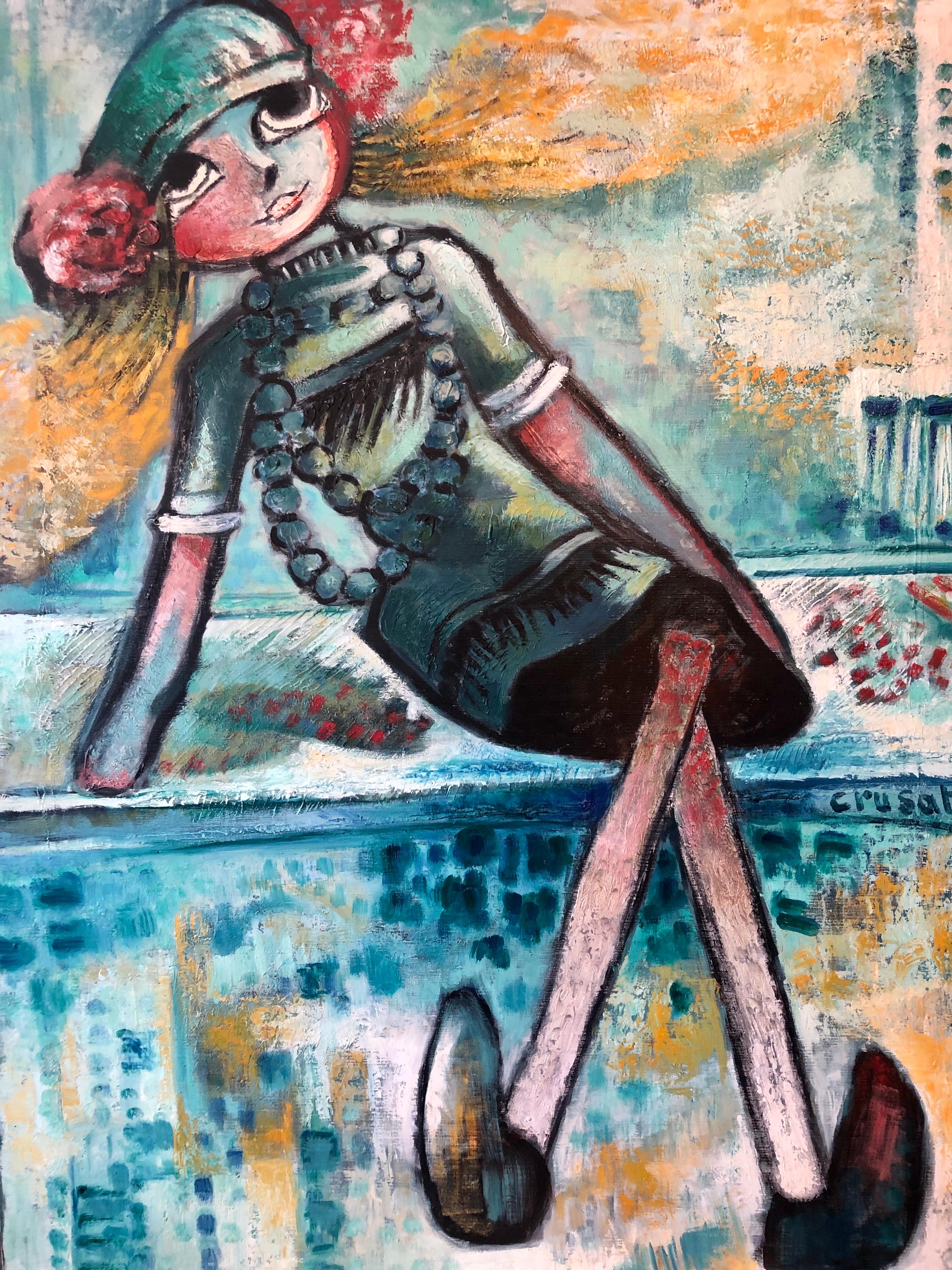Large French Expressionist Oil Painting, Girl, Poupèe, the Doll, Ecole de Paris - Gray Figurative Painting by Roger Crusat