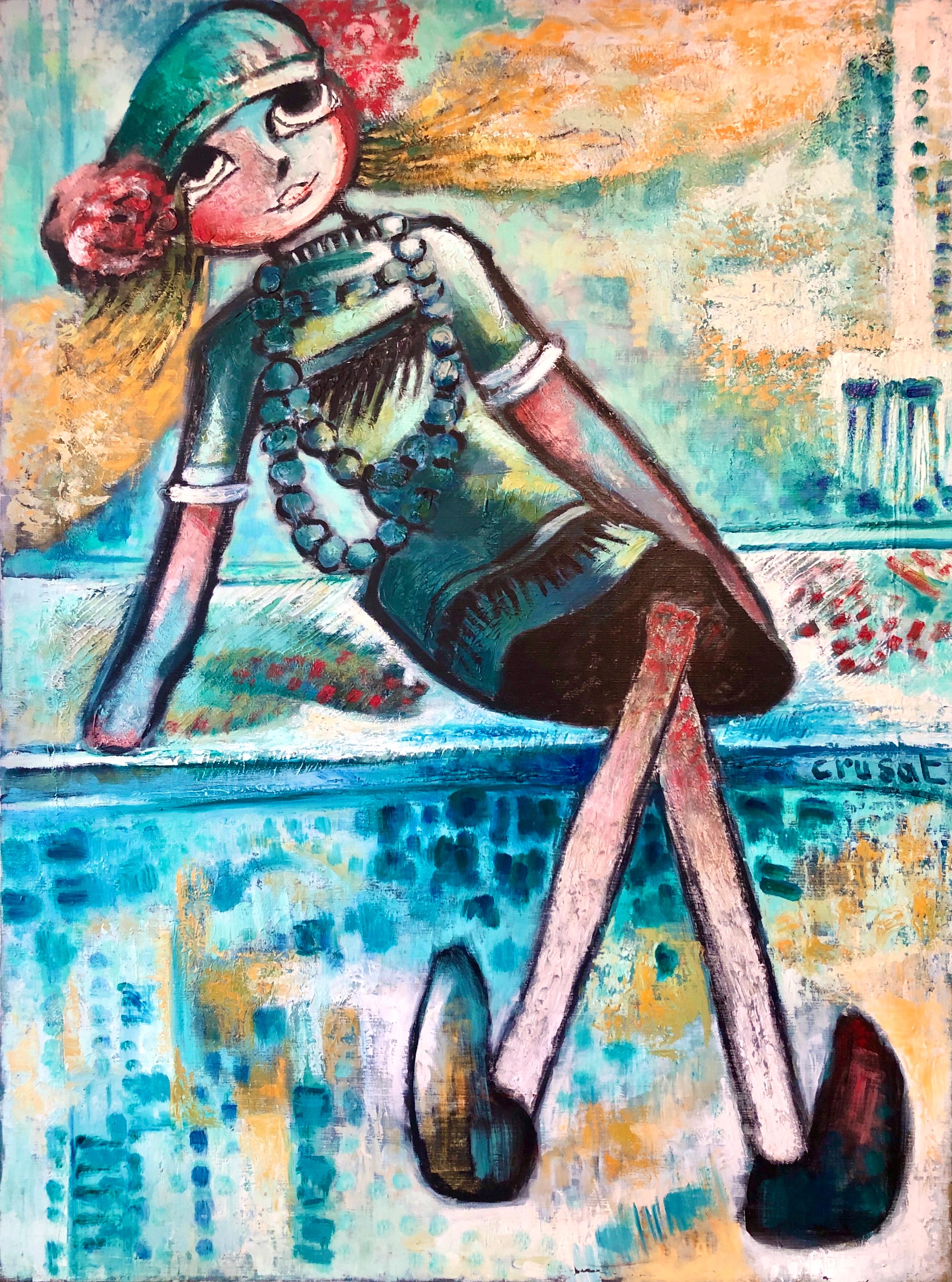 Roger Crusat Figurative Painting - Large French Expressionist Oil Painting, Girl, Poupèe, the Doll, Ecole de Paris
