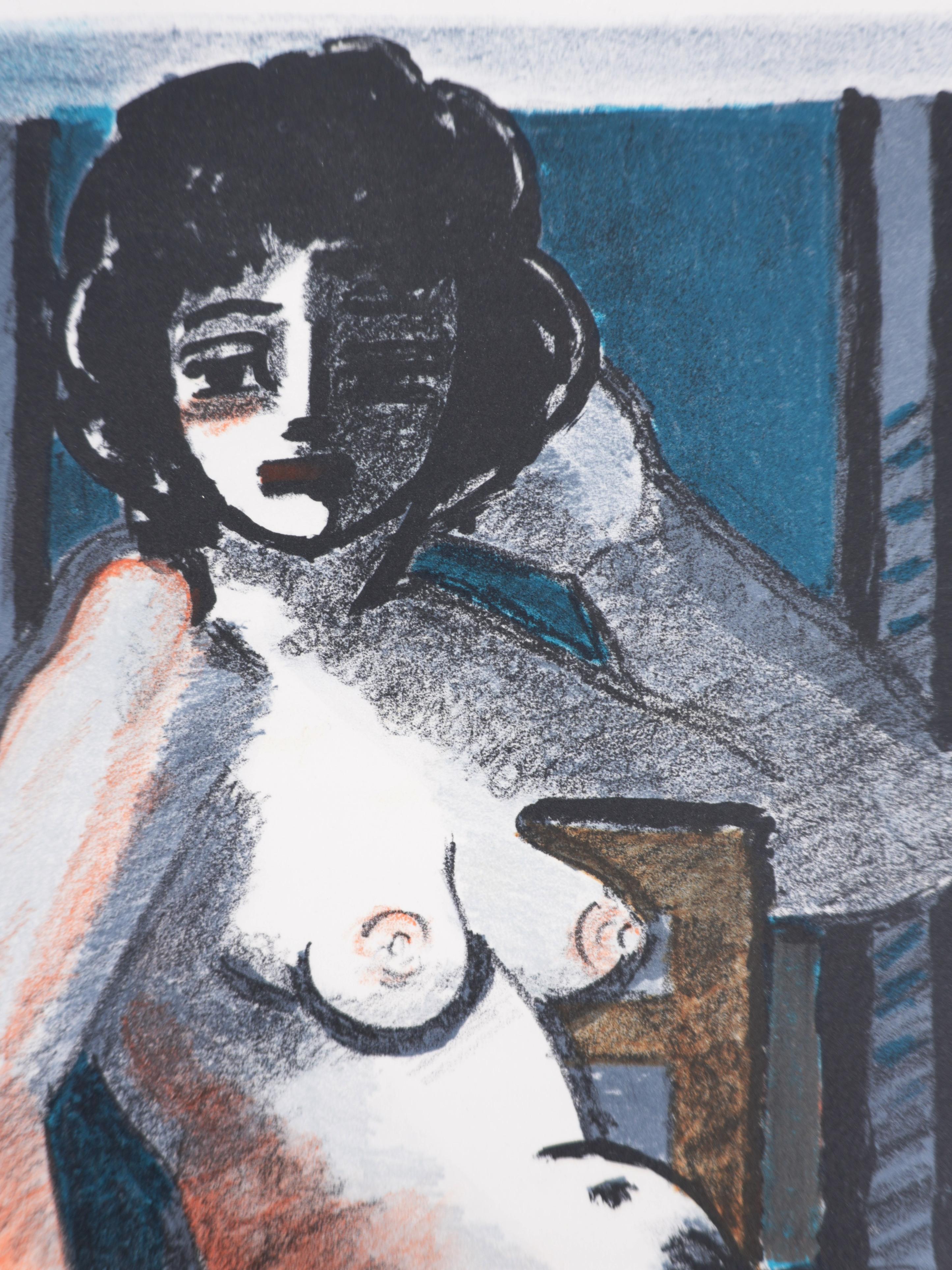 Desnudo Sentado - Litografía original, FIRMADA A MANO y Numerada - Nude Print Gris de Roger Crusat