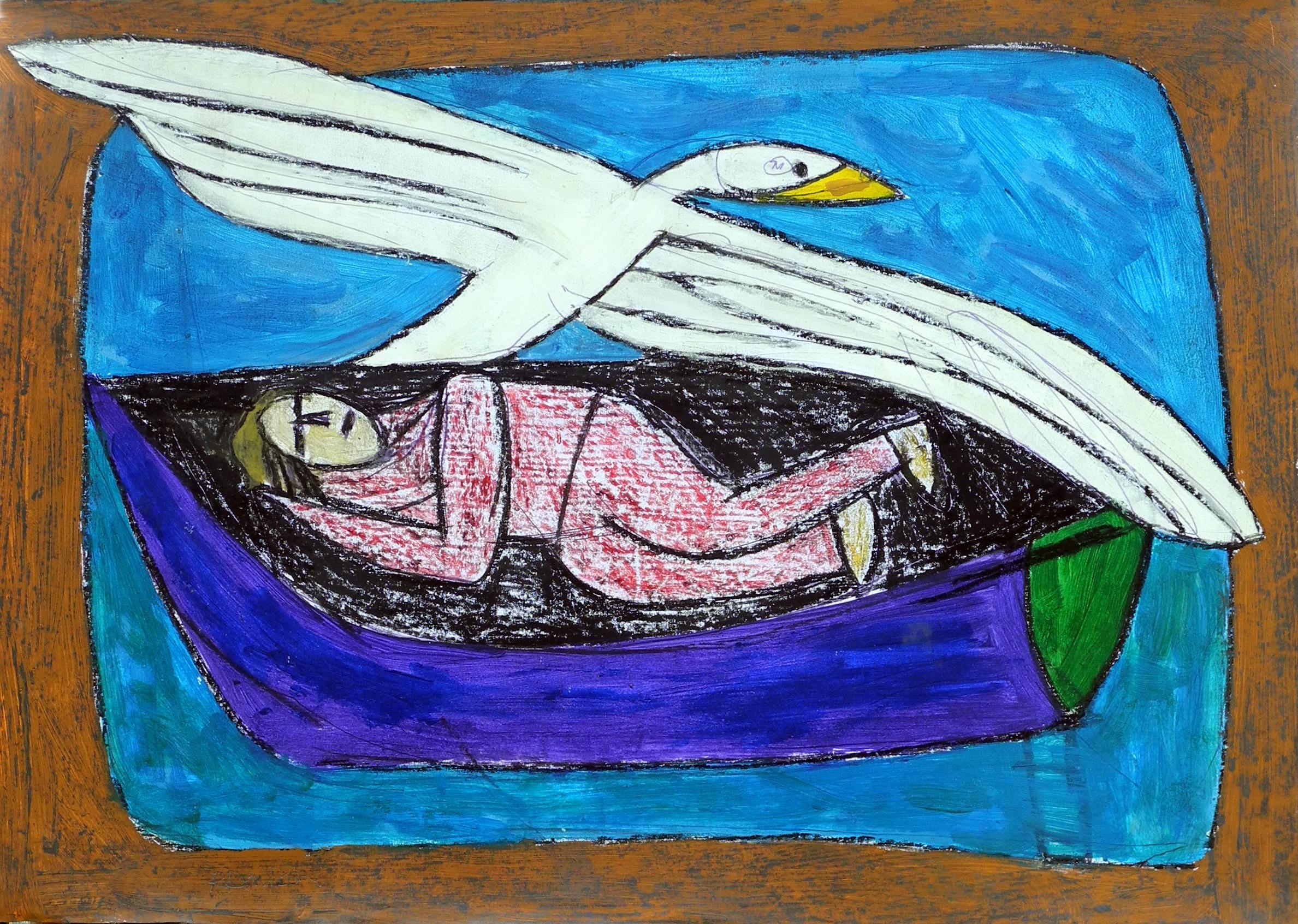 Roger Davison Figurative Art - Dream Boat. Contemporary Outsider Gouache and Pencil