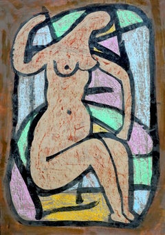 Nude In Glass. Contemporary Outsider Gouache and Ink