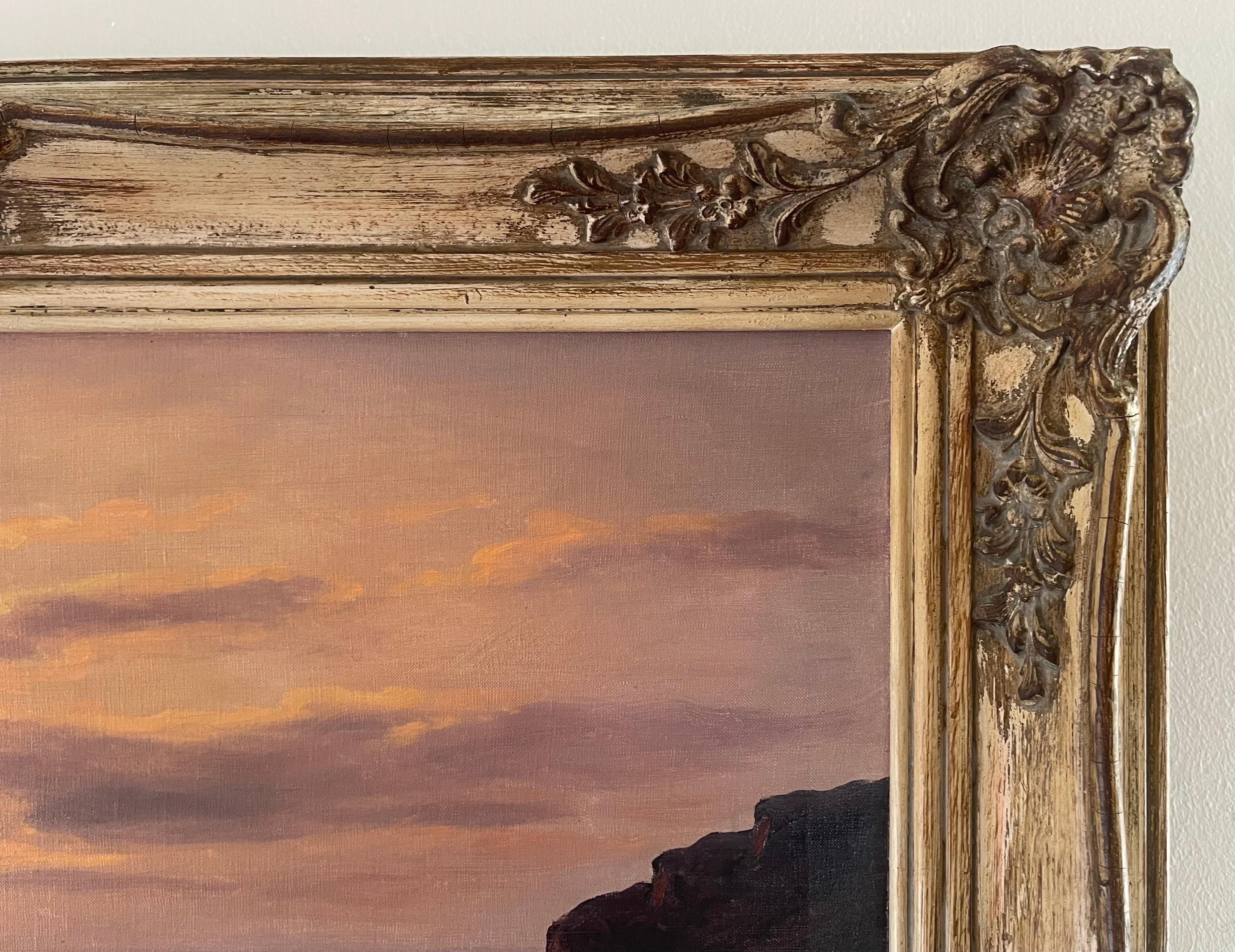 Peinture à l'huile d'un paysage marin atmosphérique avec coucher de soleil par un artiste français du 20e siècle 4