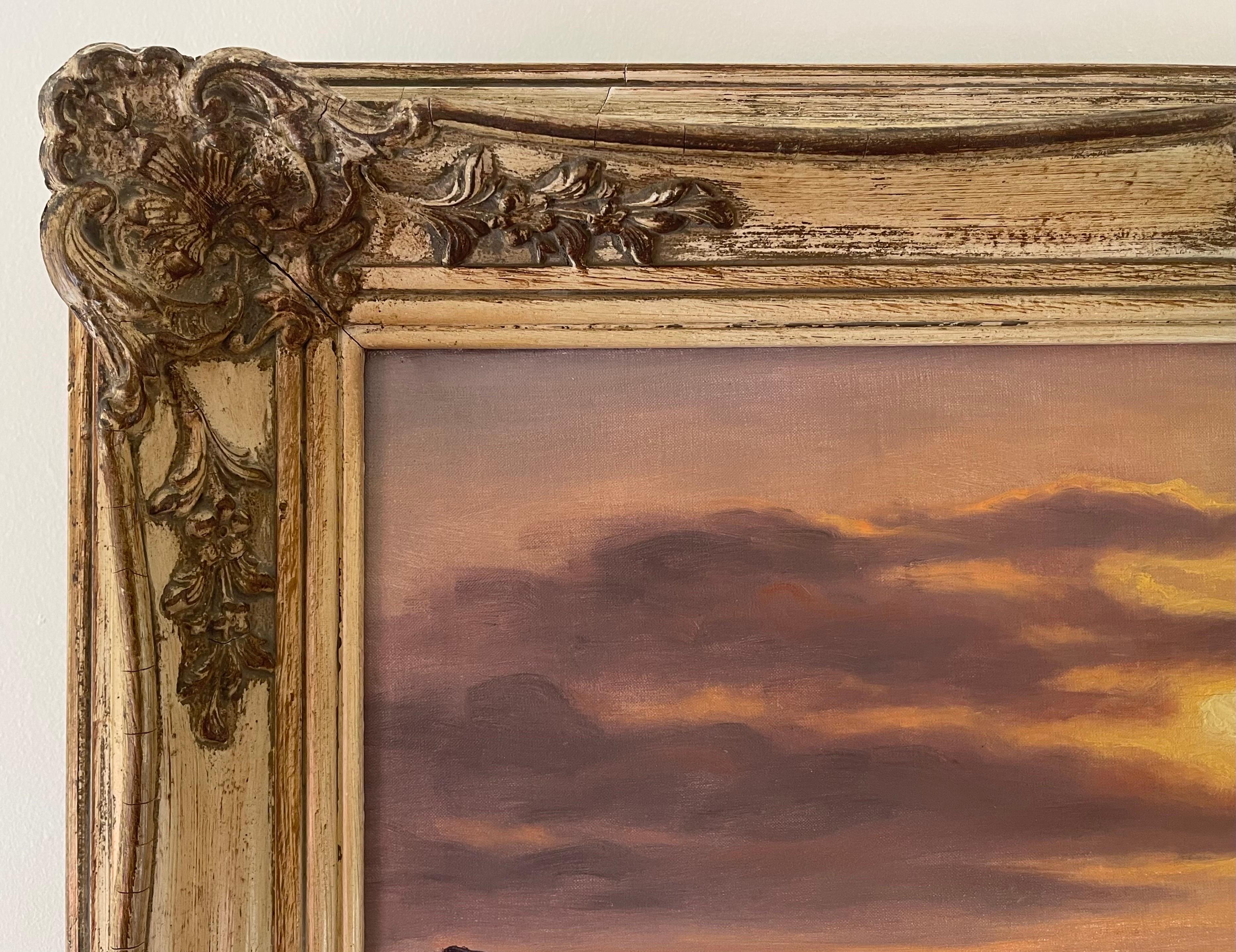 Peinture à l'huile d'un paysage marin atmosphérique avec coucher de soleil par un artiste français du 20e siècle 5
