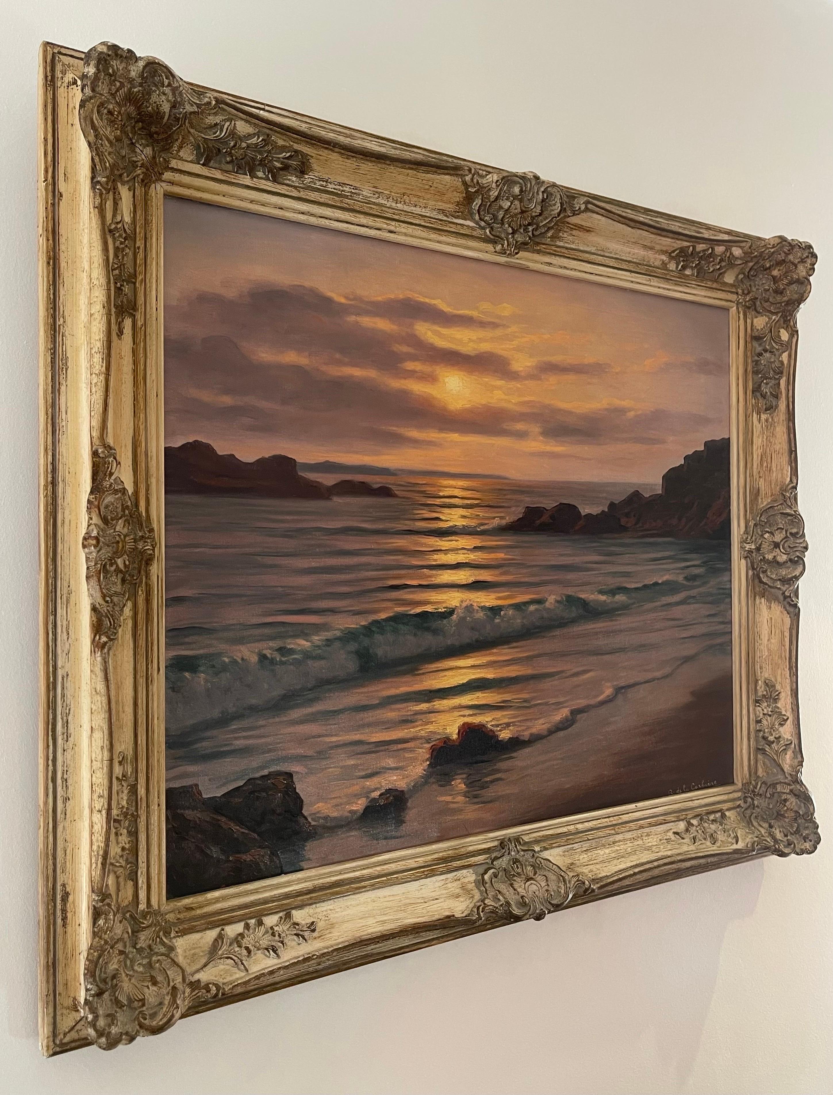 Peinture à l'huile d'un paysage marin atmosphérique avec coucher de soleil par un artiste français du 20e siècle - Painting de Roger de la Corbière