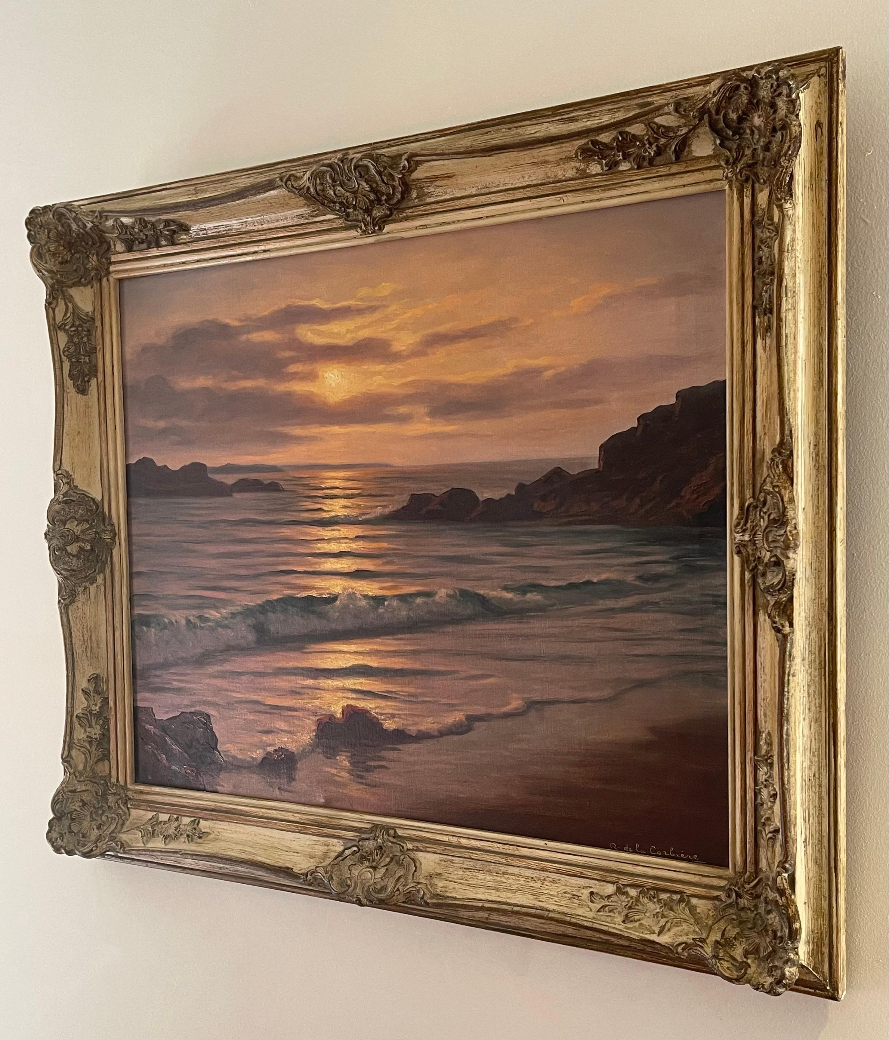 Peinture à l'huile d'un paysage marin atmosphérique avec coucher de soleil par un artiste français du 20e siècle - Réalisme Painting par Roger de la Corbière