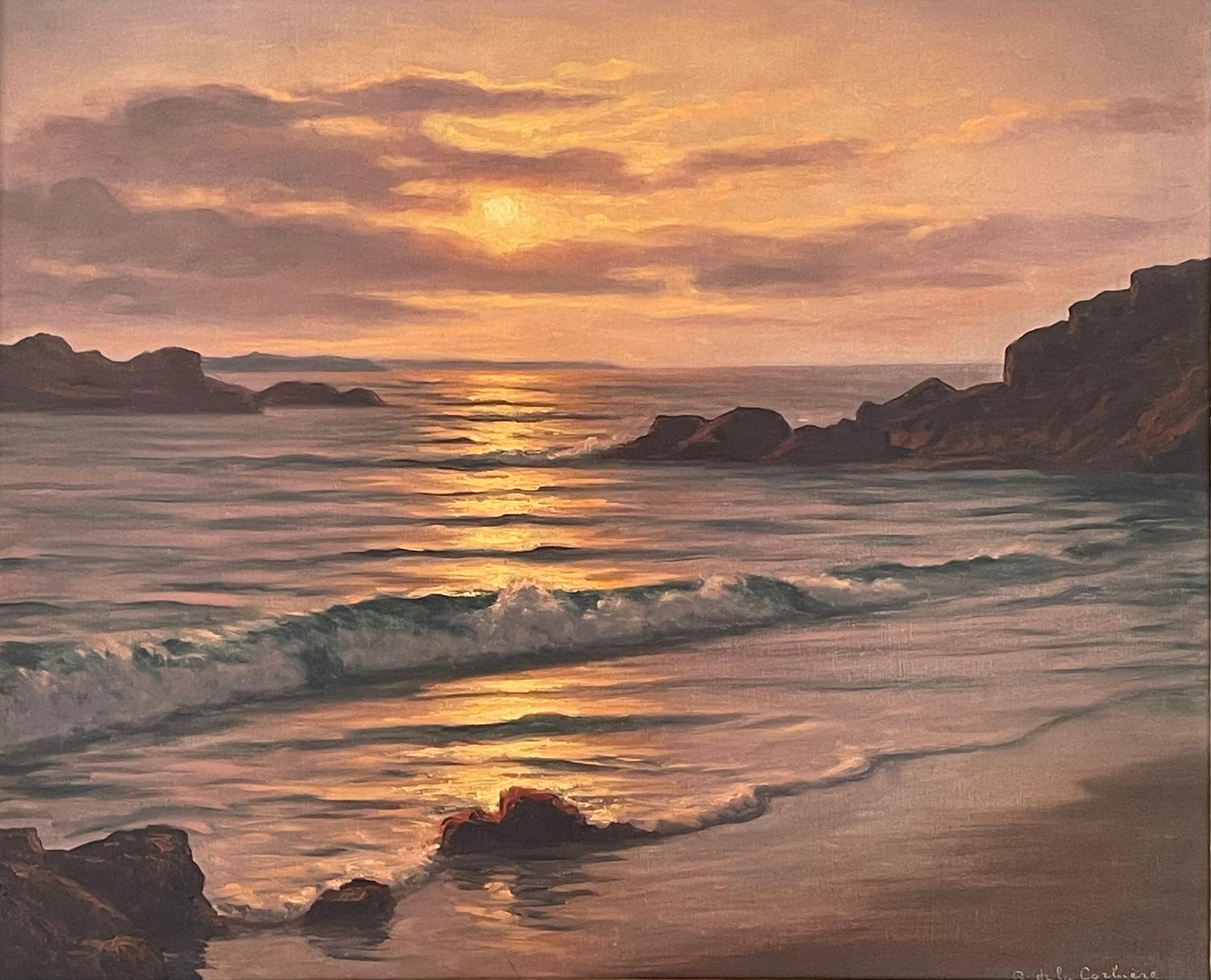 Peinture à l'huile d'un paysage marin atmosphérique avec coucher de soleil par un artiste français du 20e siècle - Marron Figurative Painting par Roger de la Corbière
