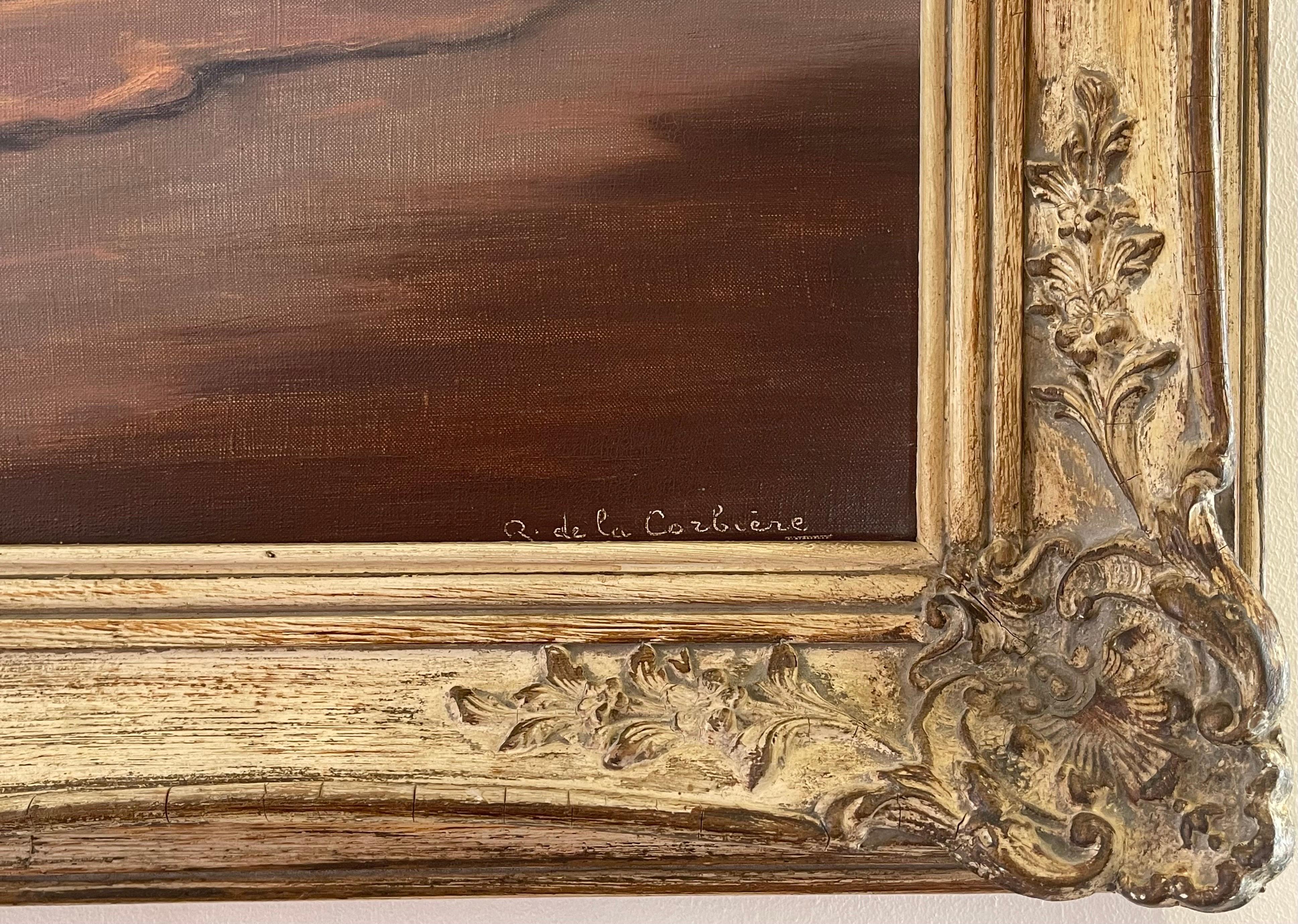 Peinture à l'huile d'un paysage marin atmosphérique avec coucher de soleil par l'artiste français du 20e siècle, Roger de la Corbière. 

Roger de la Corbière (1893-1974) était un peintre français surtout connu pour ses peintures de scènes côtières