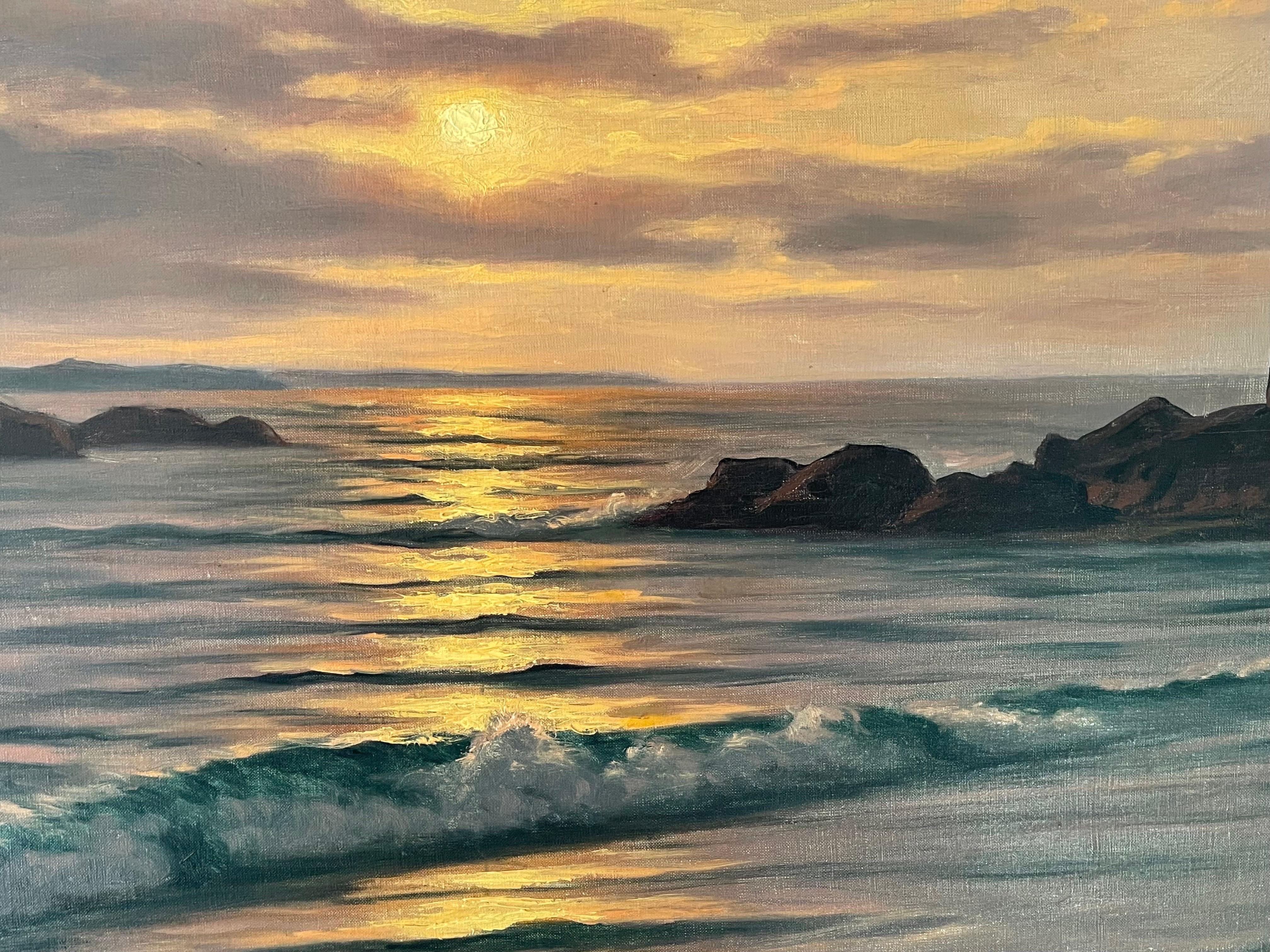 Peinture à l'huile d'un paysage marin atmosphérique avec coucher de soleil par un artiste français du 20e siècle 1