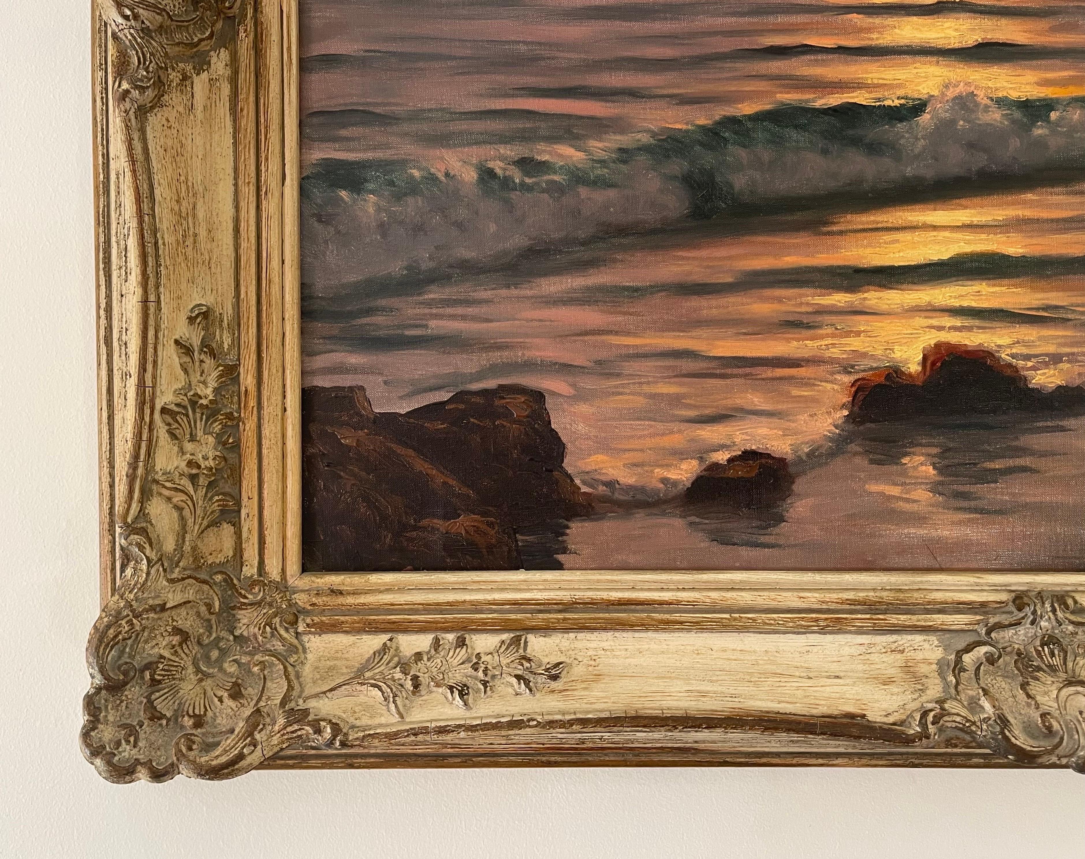 Peinture à l'huile d'un paysage marin atmosphérique avec coucher de soleil par un artiste français du 20e siècle 2