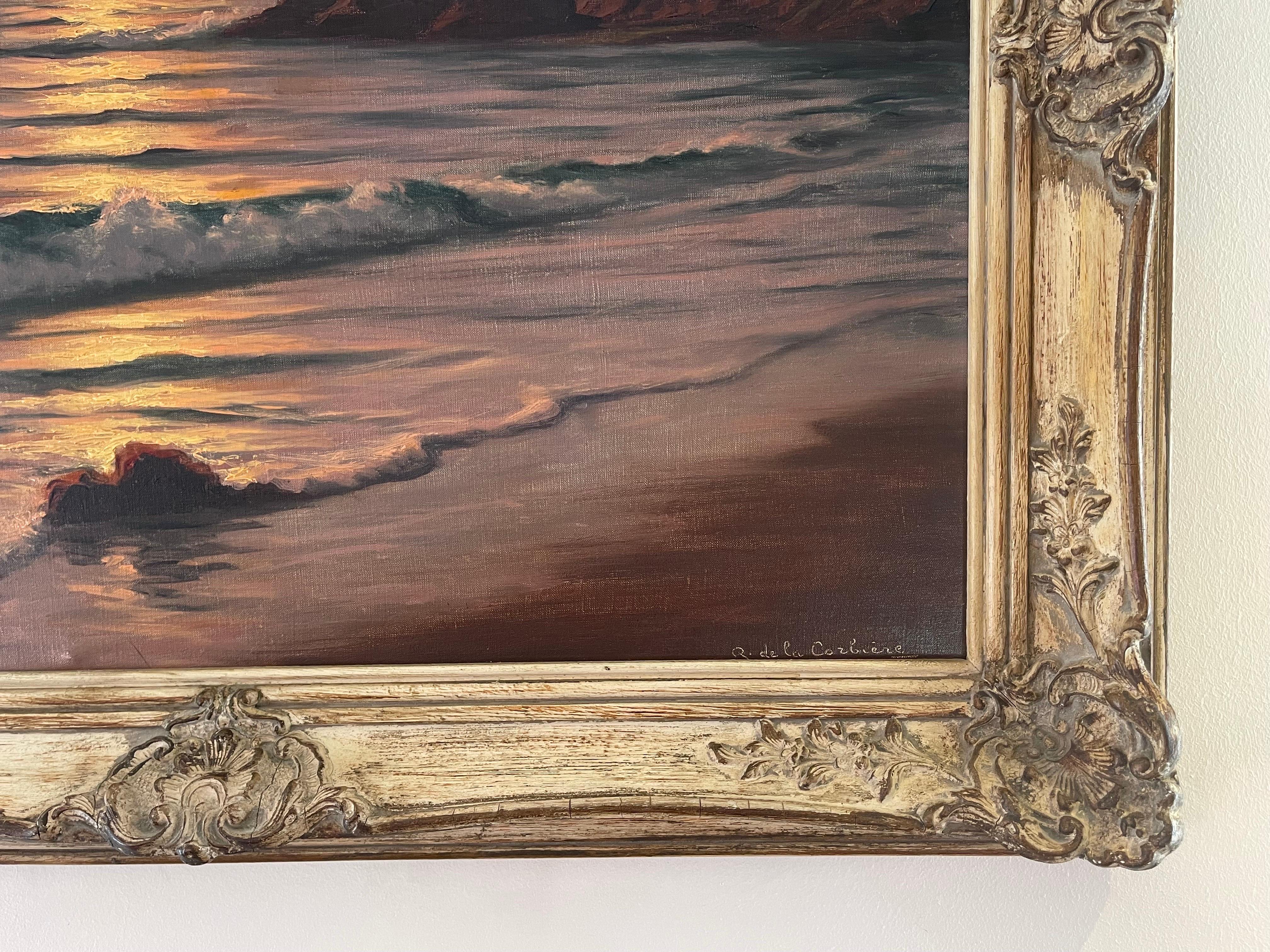 Peinture à l'huile d'un paysage marin atmosphérique avec coucher de soleil par un artiste français du 20e siècle 3