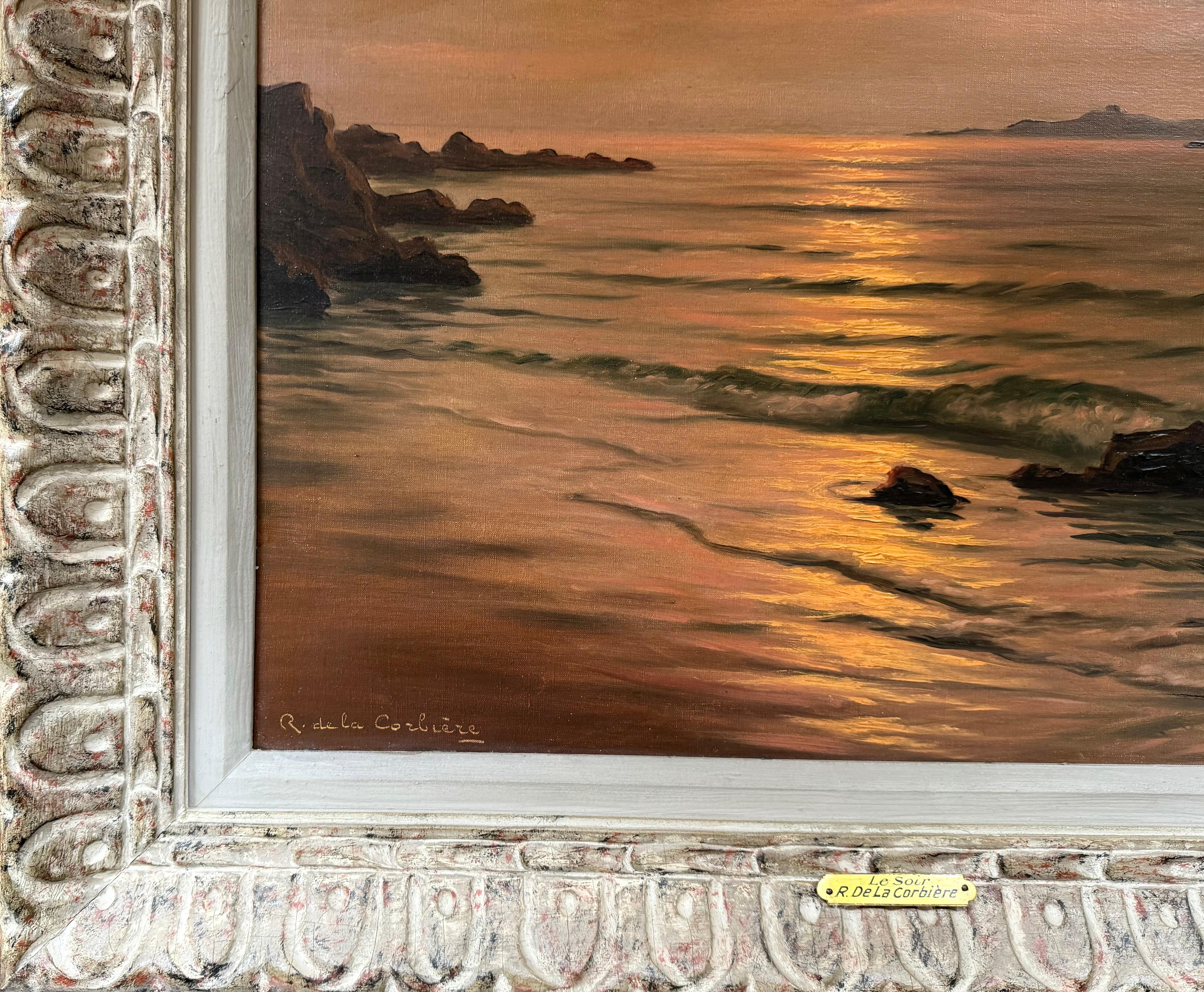 Beautiful original oil on canvas painting of a sunset over a rocky coastline by the well known French artist, Roger de la Corbiere. The title of the painting is “Le Soir” or “The Evening”.  Signed by the artist lower left.  Condition is very good.
