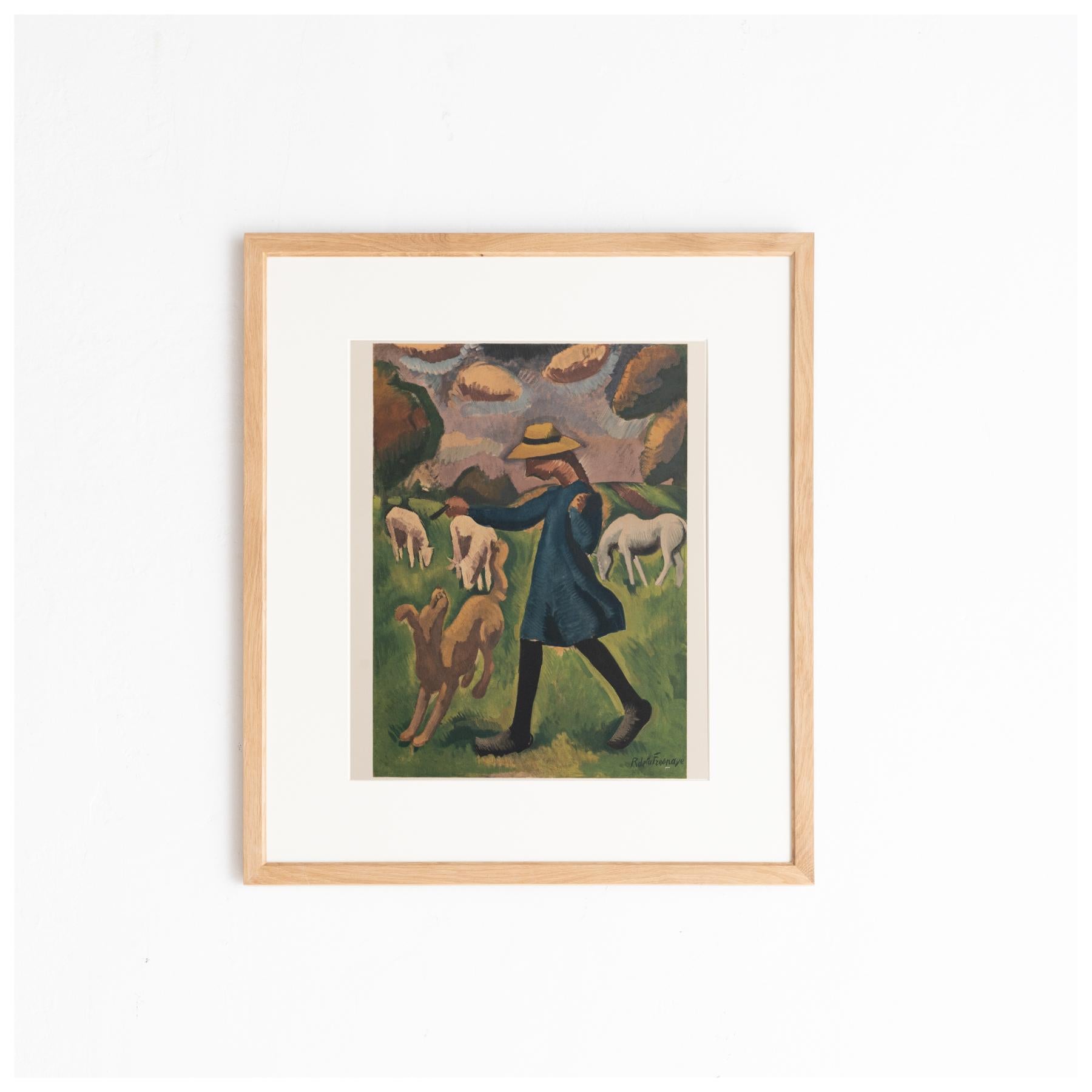 Original color lithograph 'La gardeuse de moutons' by Roger de la Fresnaye.

Lithograph printed from an original painting made by the author in France, circa 1909.

Published in France by Fernand Mourlot, circa 1968. 

Framed and signed in the