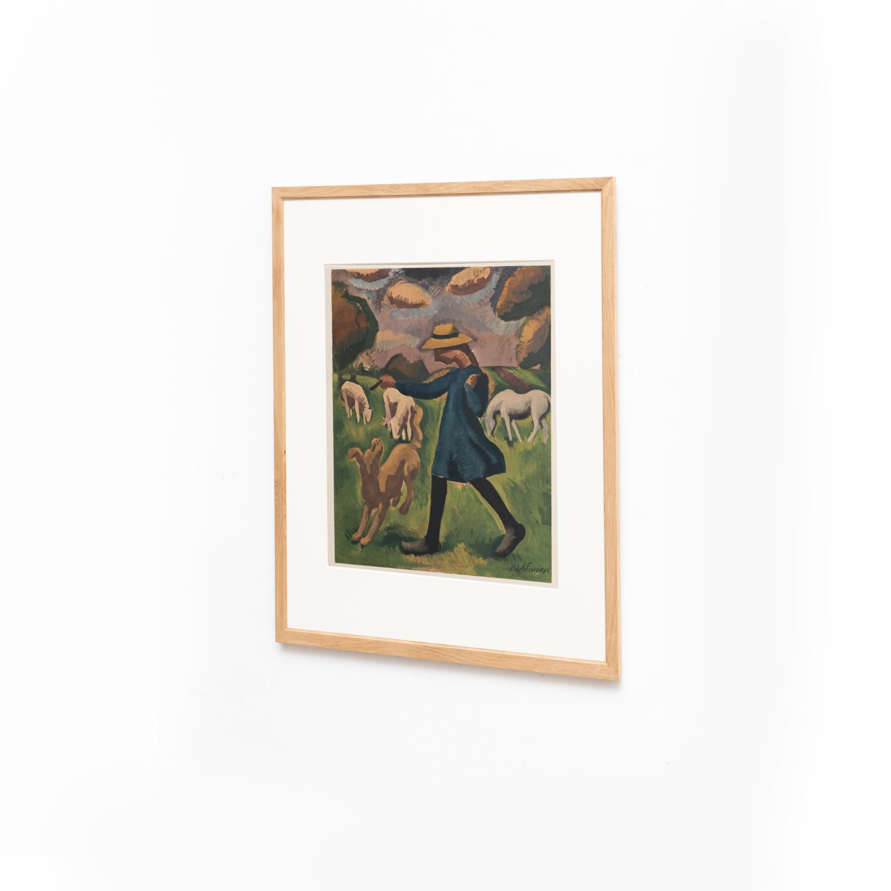 Modern Roger de la Fresnaye 'La Gardeuse de Moutons' Framed Lithography, circa 1968 For Sale