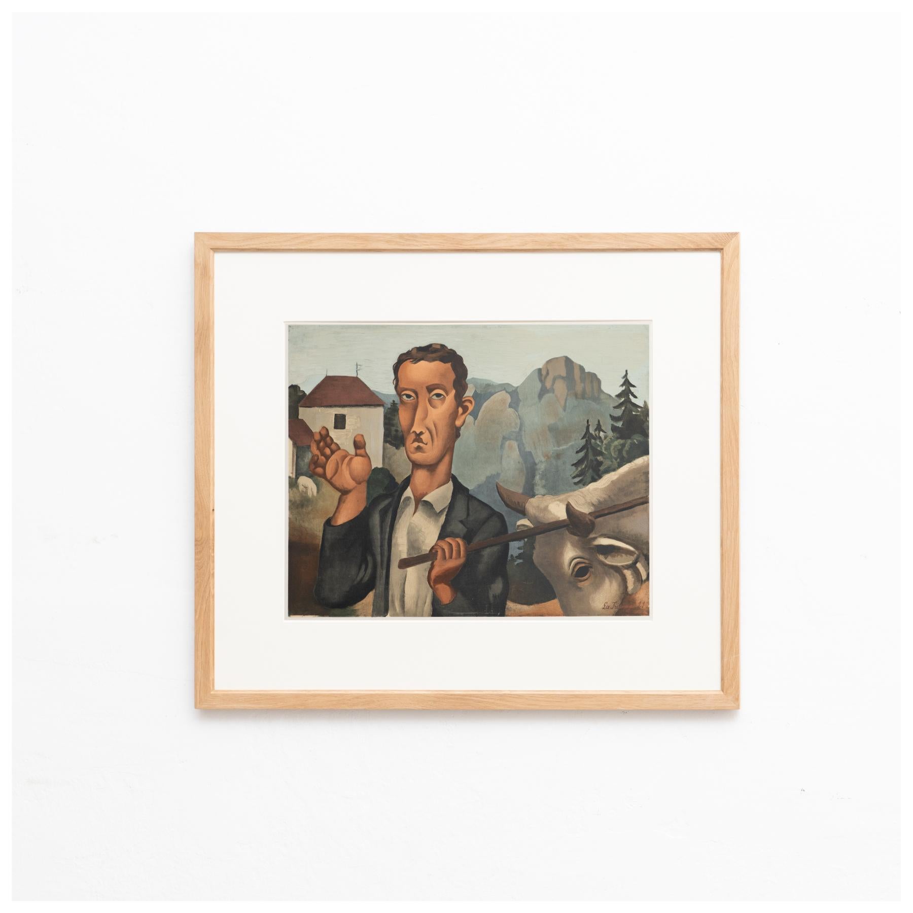 Original color lithograph 'Le Bouvier' by Roger de la Fresnaye.

Lithograph printed from an original painting made by the author in France, circa 1921.

Framed in Barcelona by an artisan framer in natural oak wood.

Frame will be slightly