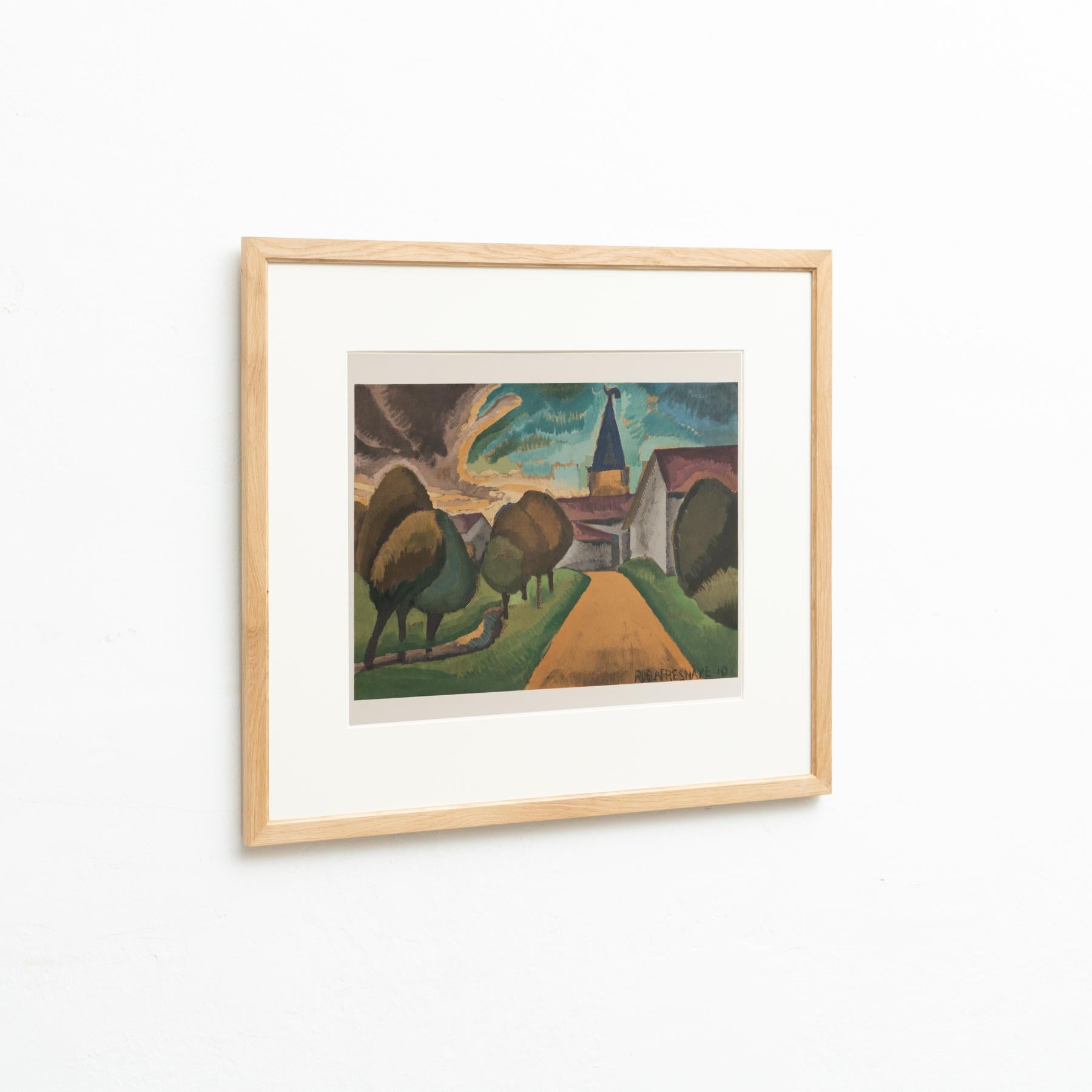 Original color lithograph 'L'entree du village' by Roger de la Fresnaye.

Lithograph printed from an original painting made by the author in France, circa 1910.

Published in France by Fernand Mourlot, circa 1968. 

Framed and signed in the