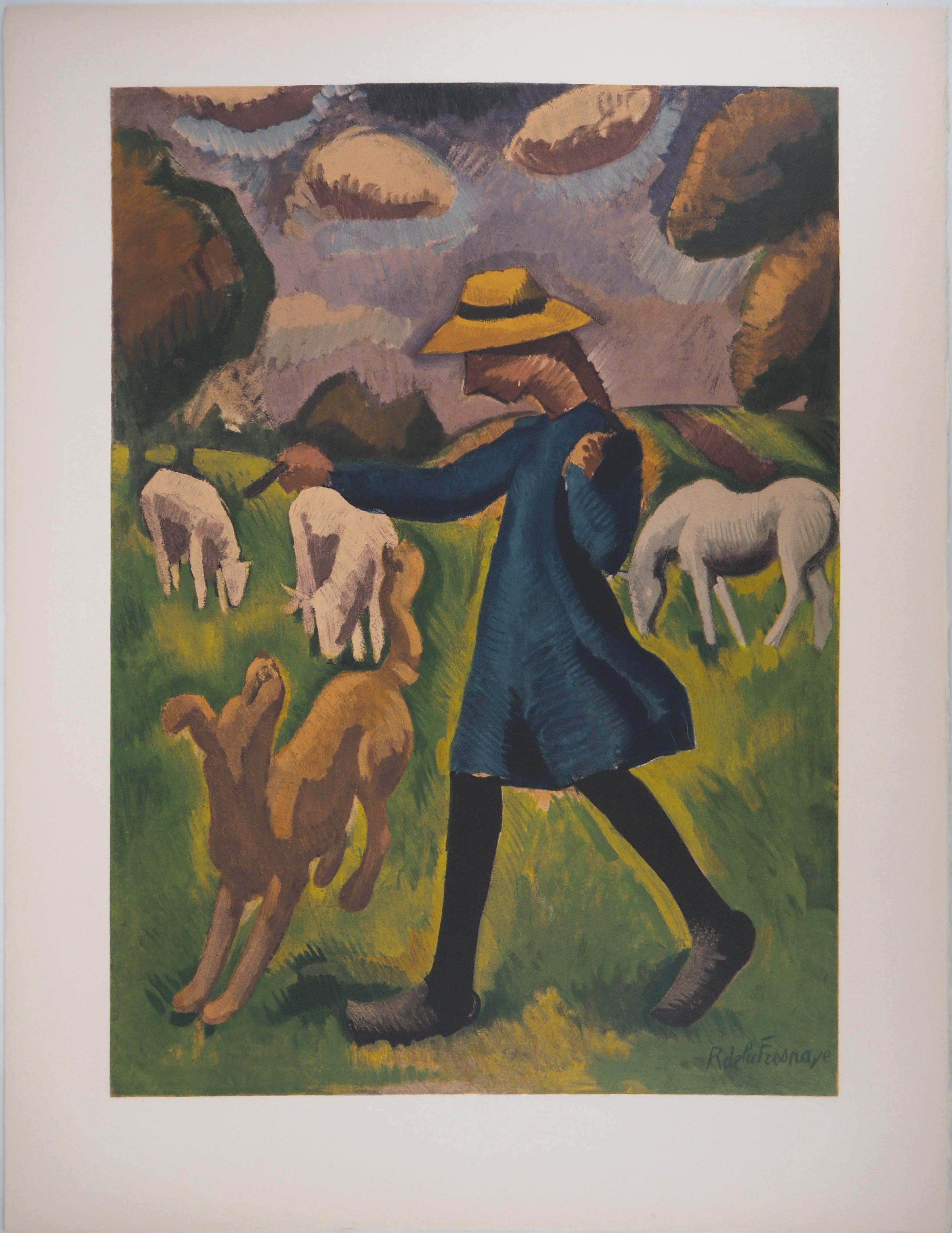La campagne : Jeune fille jouant avec un chien - Lithographie, Mourlot - Moderne Print par Roger de la Fresnaye