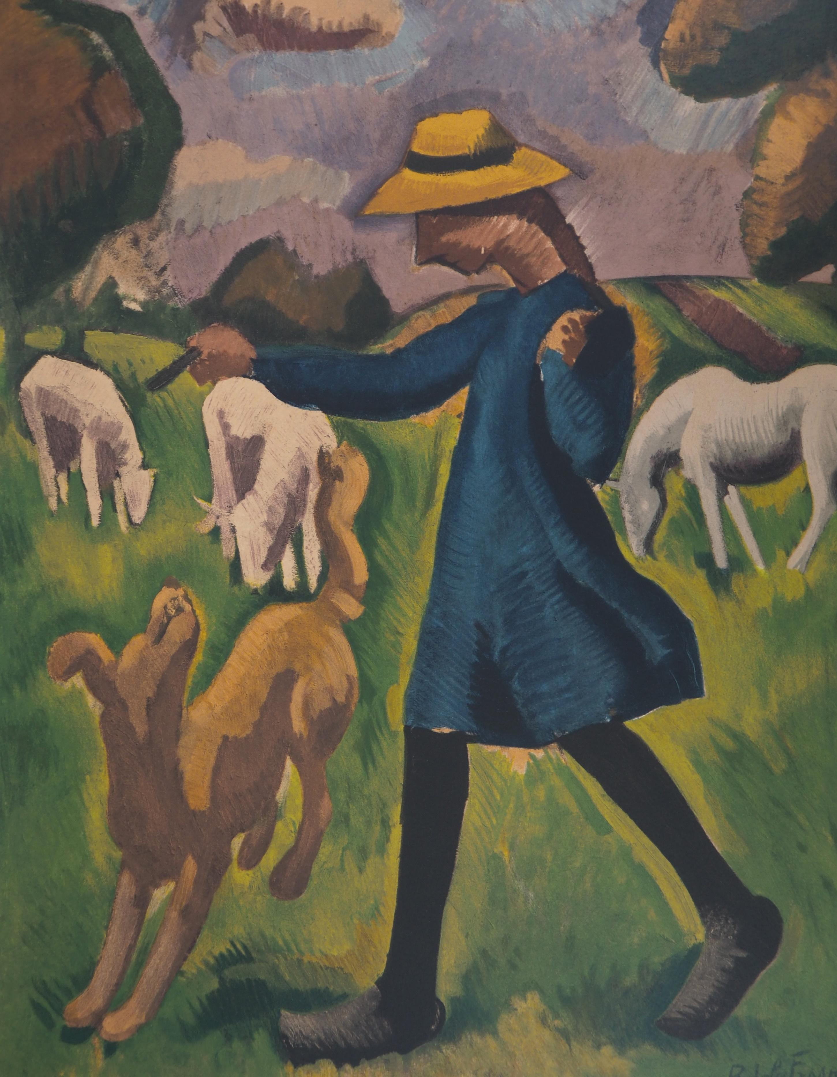 La campagne : Jeune fille jouant avec un chien - Lithographie, Mourlot - Marron Figurative Print par Roger de la Fresnaye