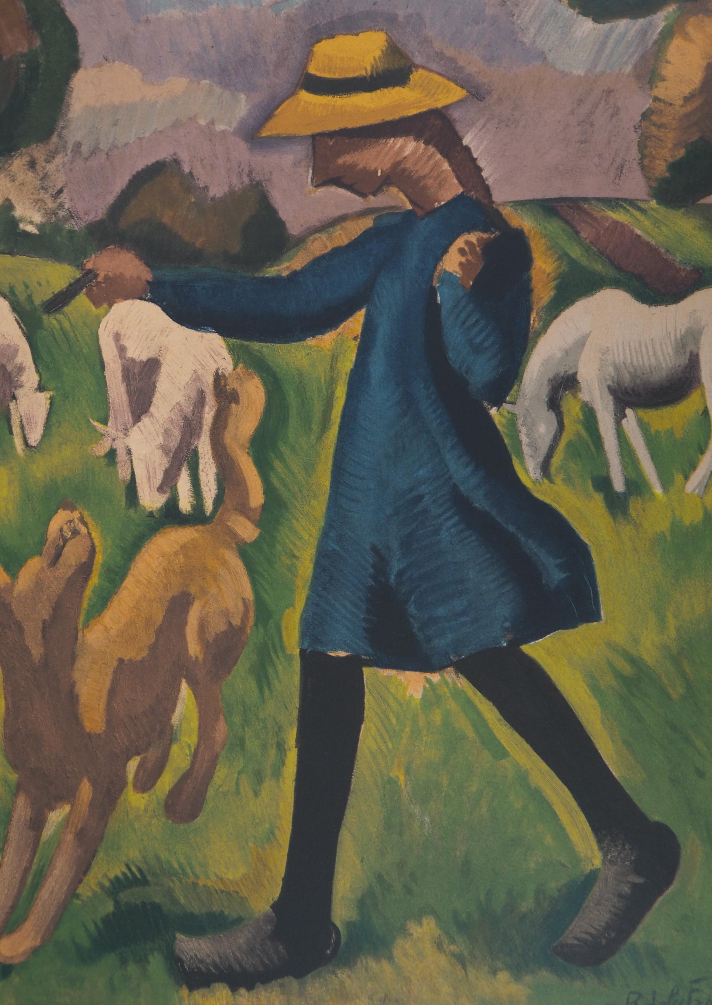 Roger de la Fresnaye (nach)
Landschaft: Mädchen spielt mit einem Hund 

Steinlithographie nach einem Gemälde
Gedruckt in der Werkstatt von Mourlot
Gedruckte Unterschrift auf der Platte
Auf Arches Pergament 65 x 50 cm (ca. 26 x 20