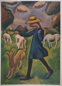 Vintage Countryside : Girl Playing with a Dog - Lithograph, Mourlot