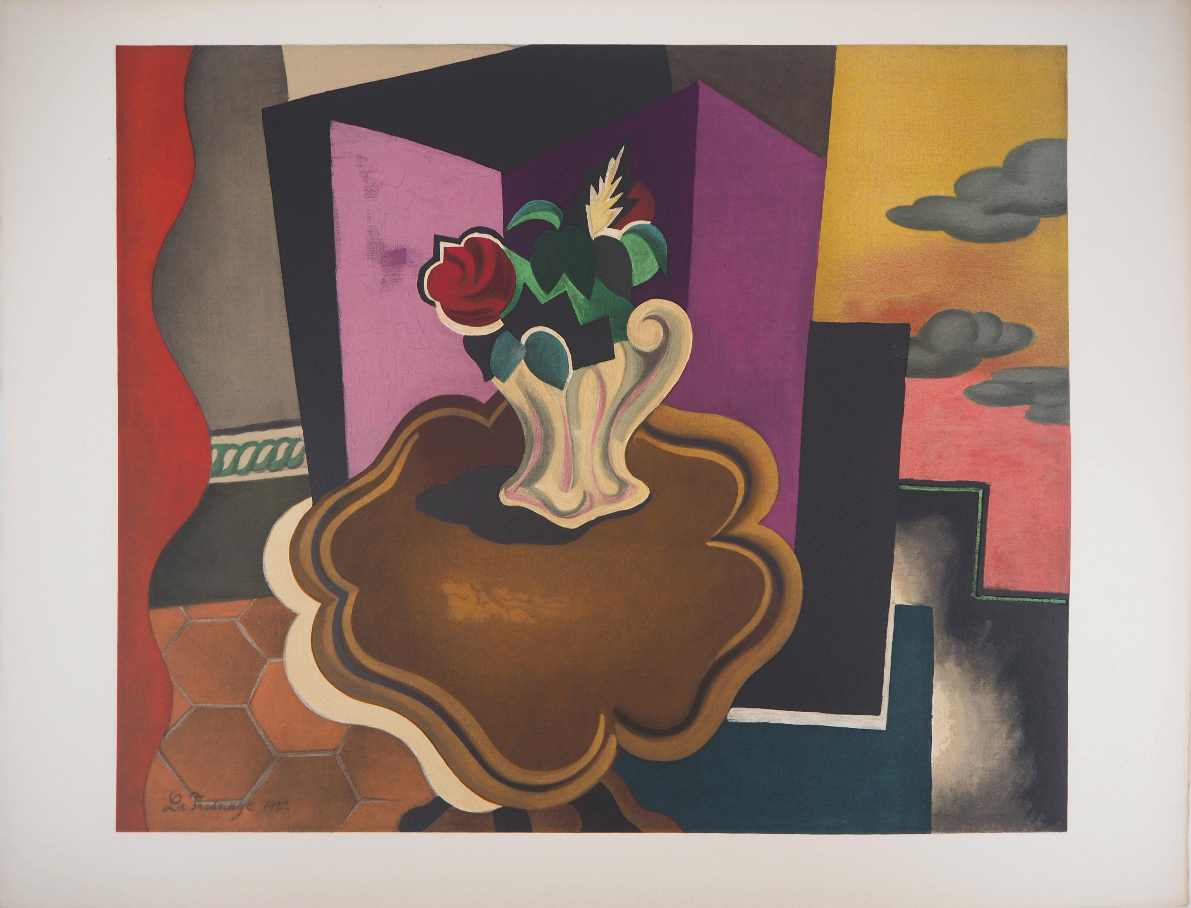 Intérieur cubiste avec bouquet de roses - Lithographie, Mourlot - Cubisme Print par Roger de la Fresnaye