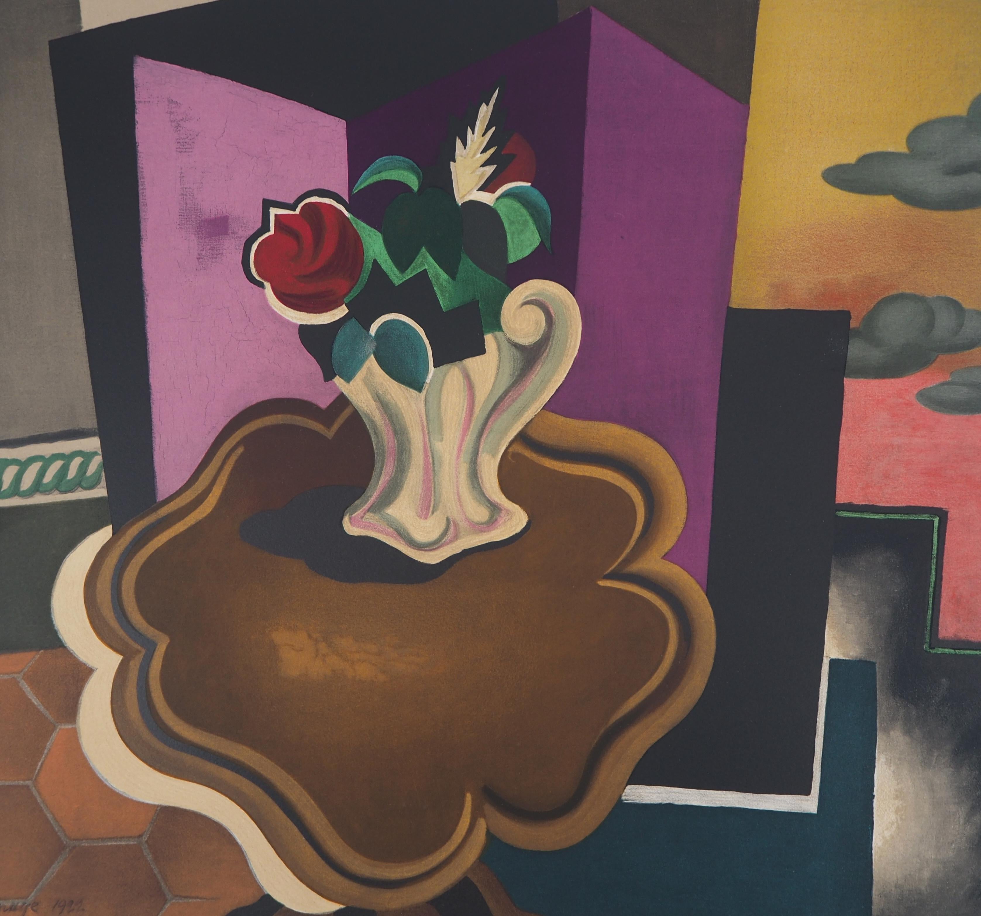 Intérieur cubiste avec bouquet de roses - Lithographie, Mourlot - Marron Interior Print par Roger de la Fresnaye