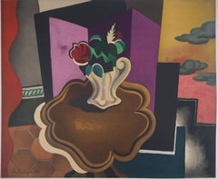 Vintage Cubist Interior with Rose Bouquet - Lithograph, Mourlot