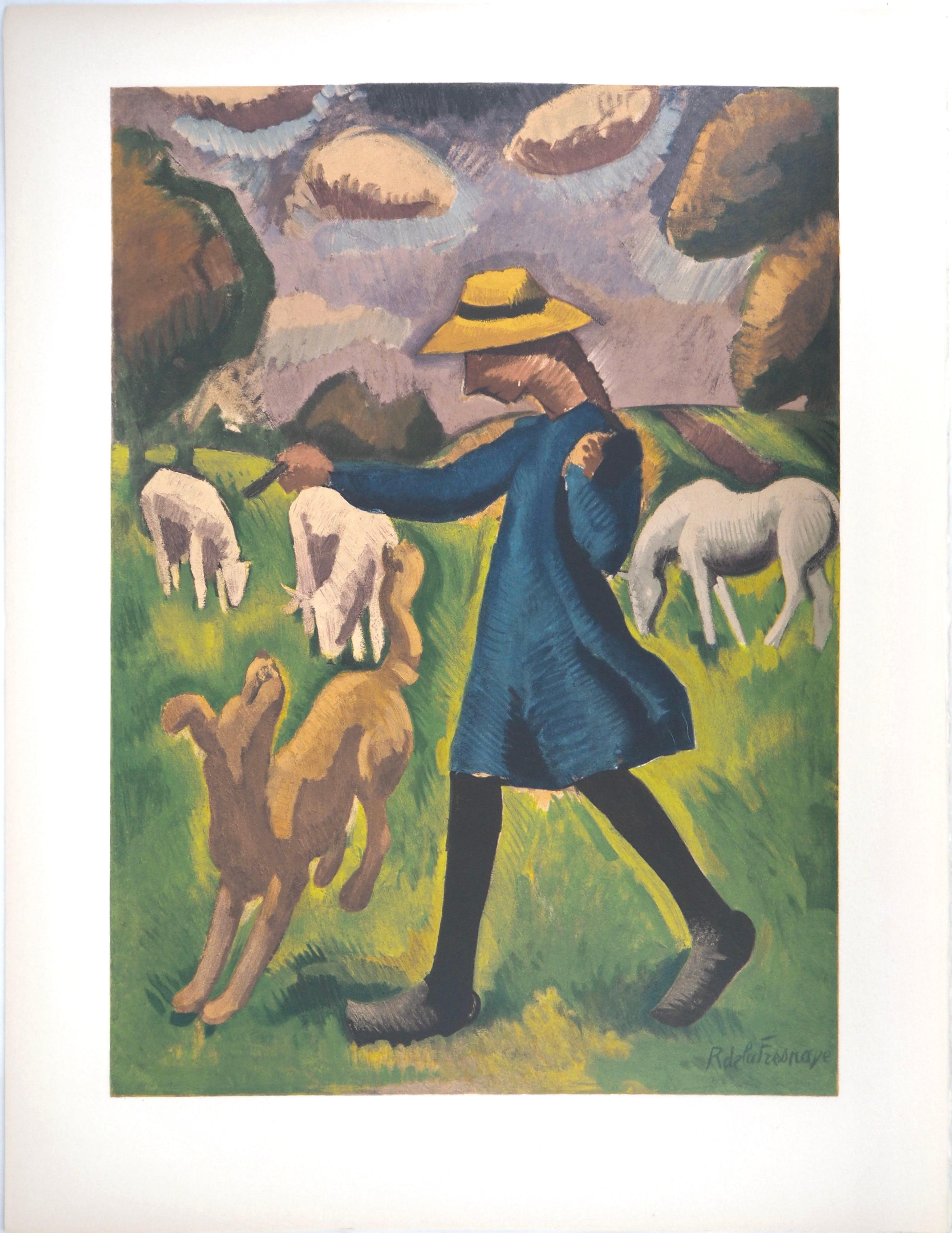 This exquisite lithograph after Roger de La Fresnaye (1885–1925), titled Gardeuse de moutons (Shepherdess), from the album Roger de la Fresnaye, III, Collection Pierre Levy, 1968, originates from the edition published by Fernand Mourlot, Paris, and